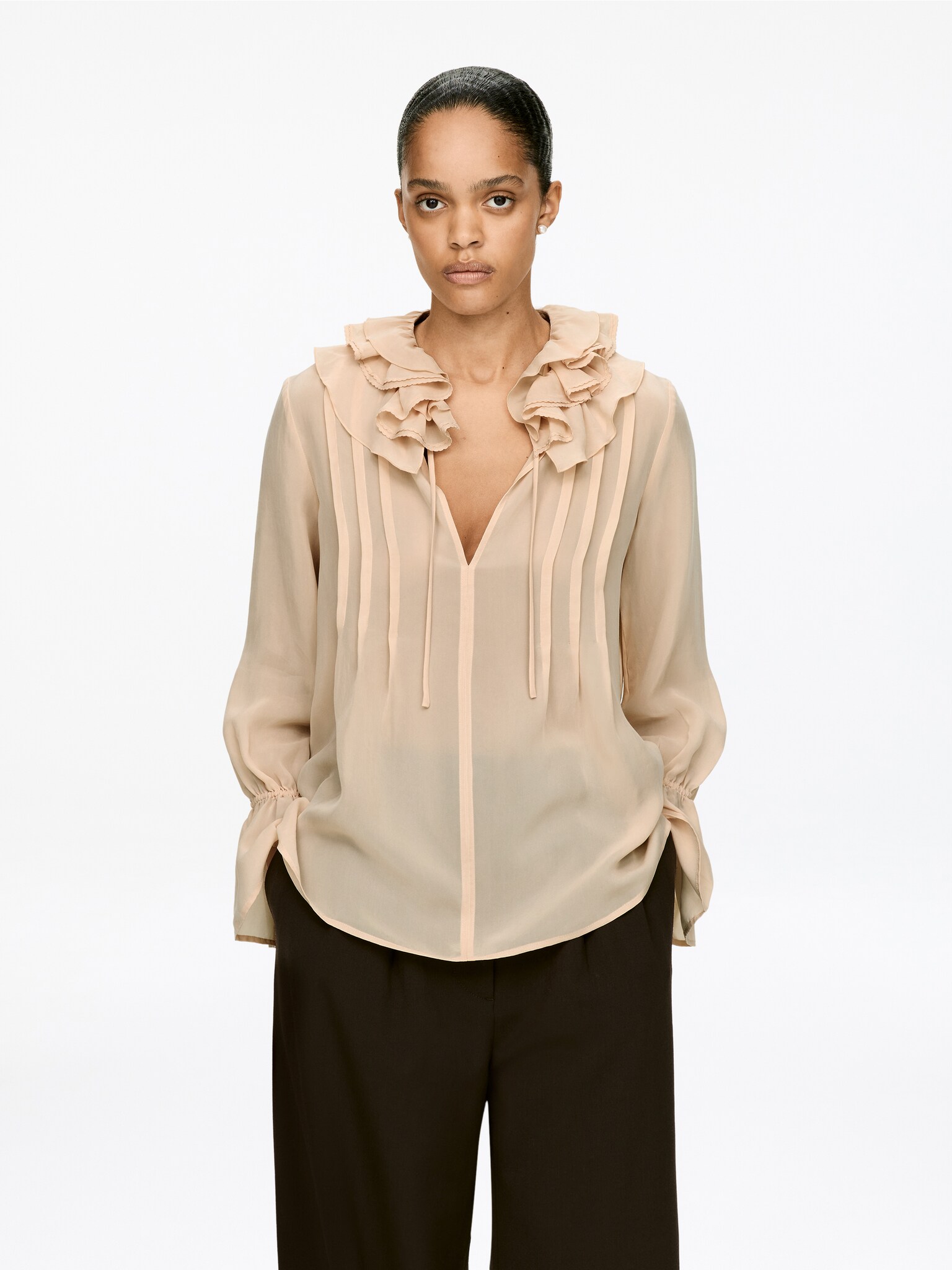 Frill-Collar Blouse - Beige/Black - 1