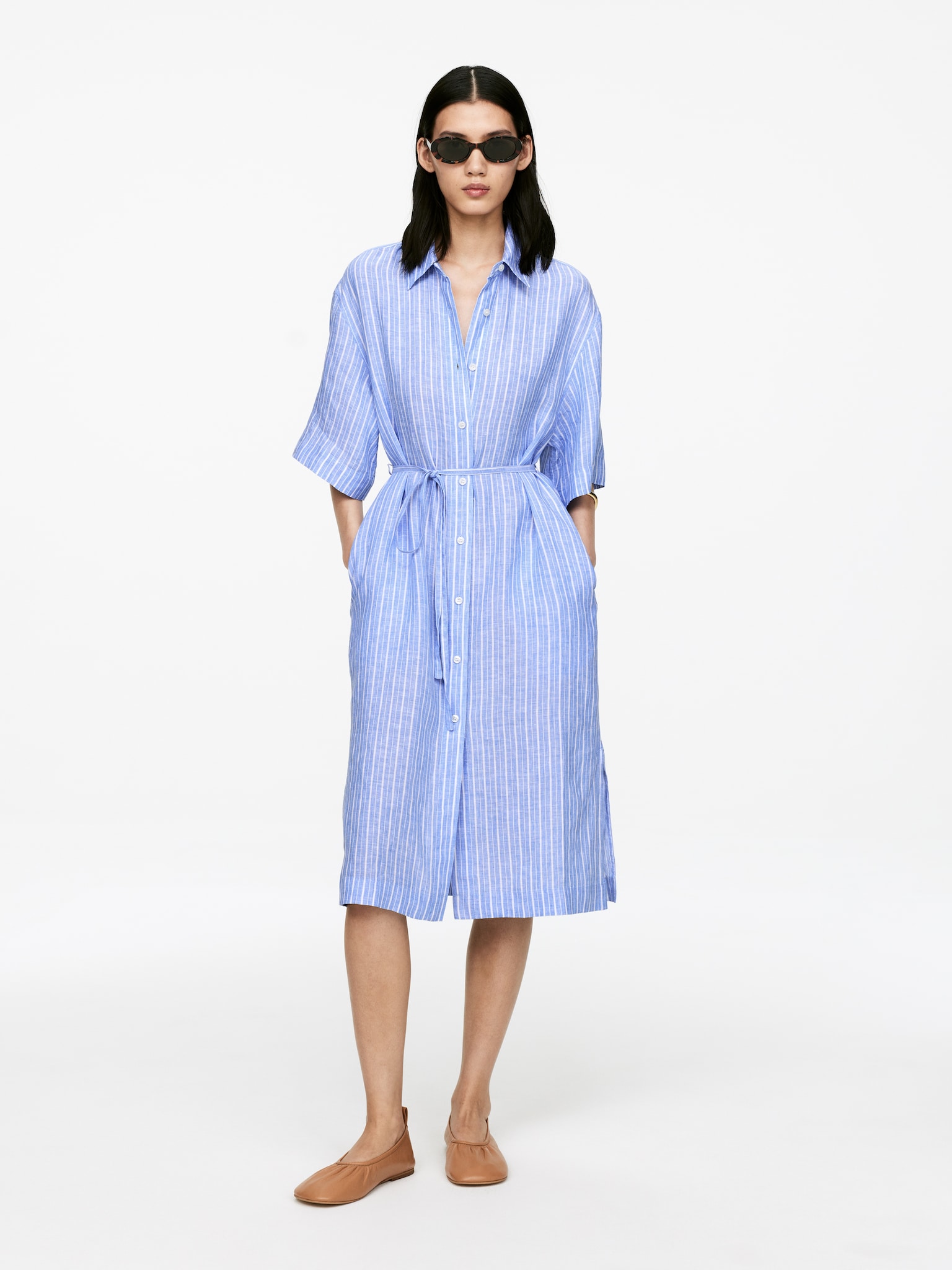 Rochie cămașă din in - Albastru/Alb/Negru