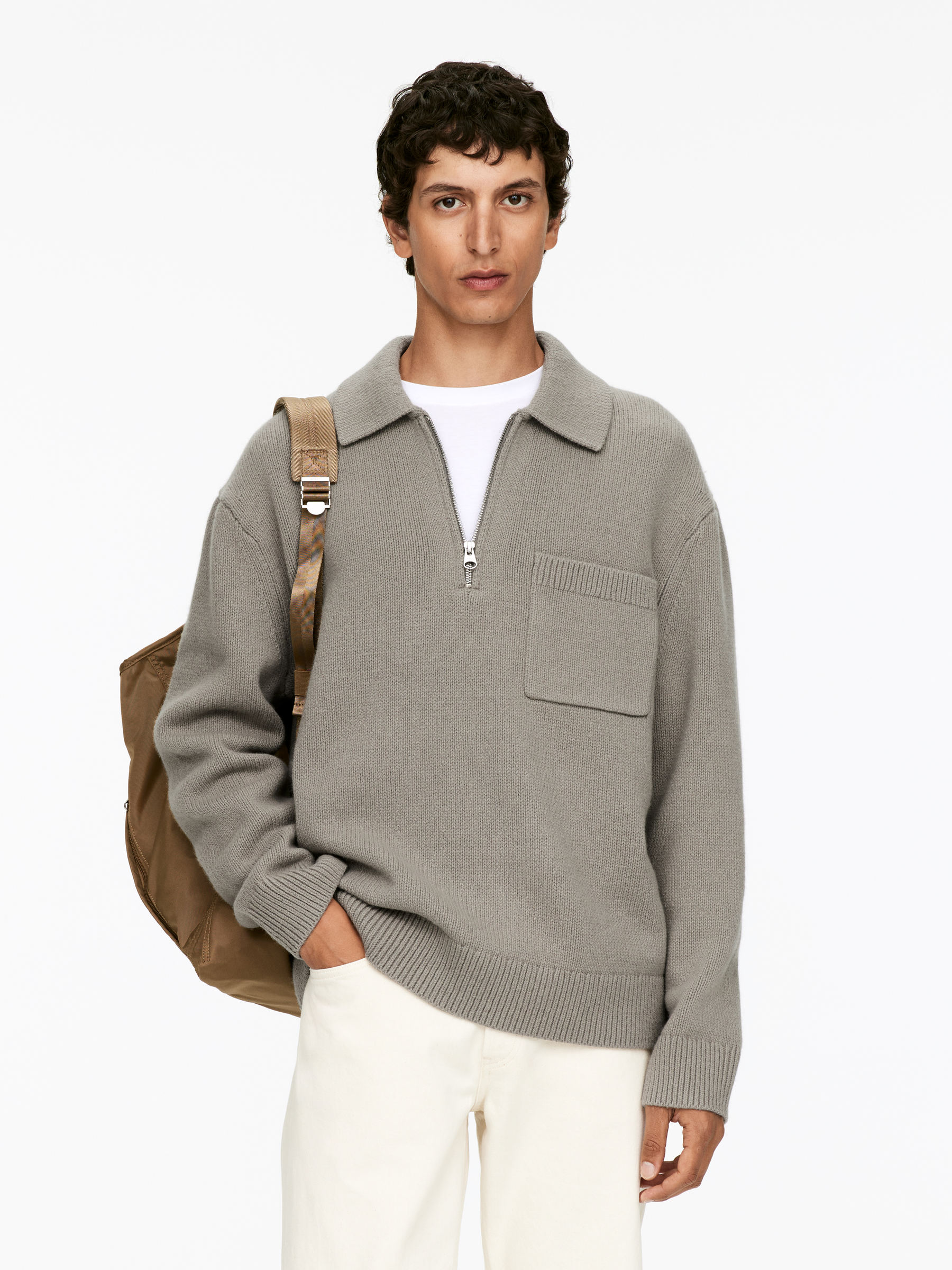 Knitted Wool Zip Polo Shirt-#84817B-16594