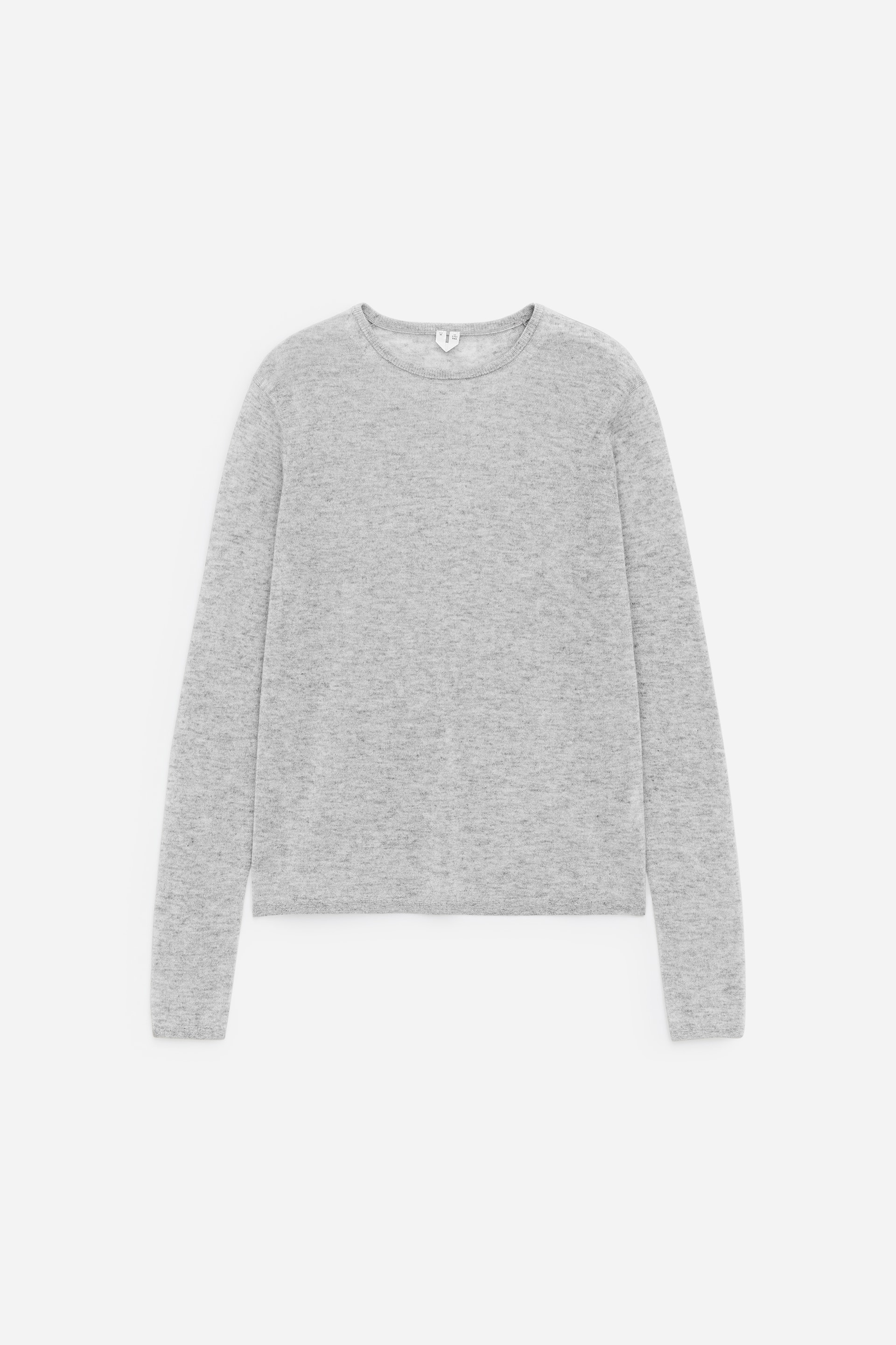 View larger image: A light grey fine-knit long-sleeved top is facing FRONT. It features a crew neck, ribbed cuffs, and a ribbed hem, showcasing a regular fit.