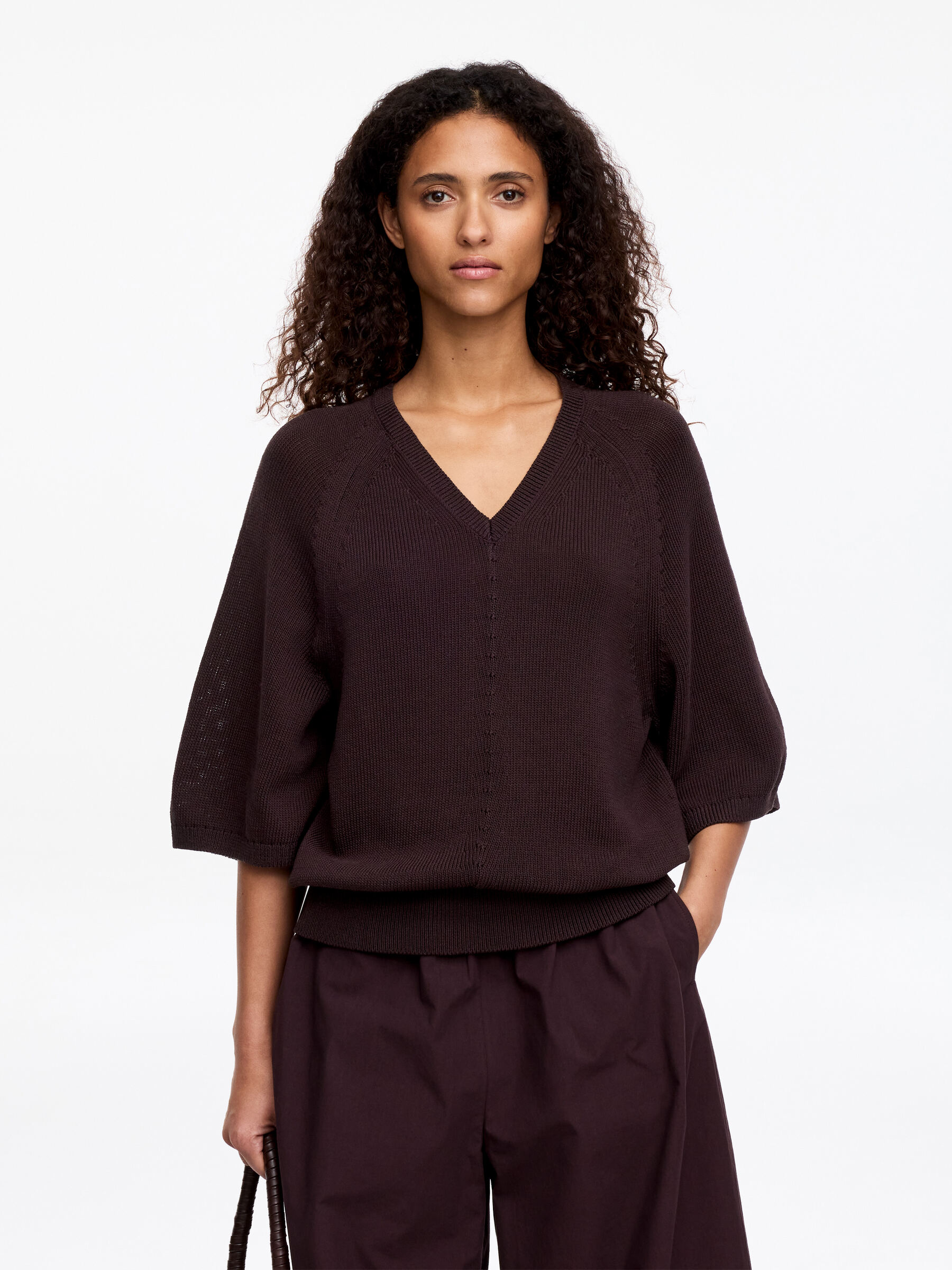 V-Neck Knitted Top-#3C2A2B-18656