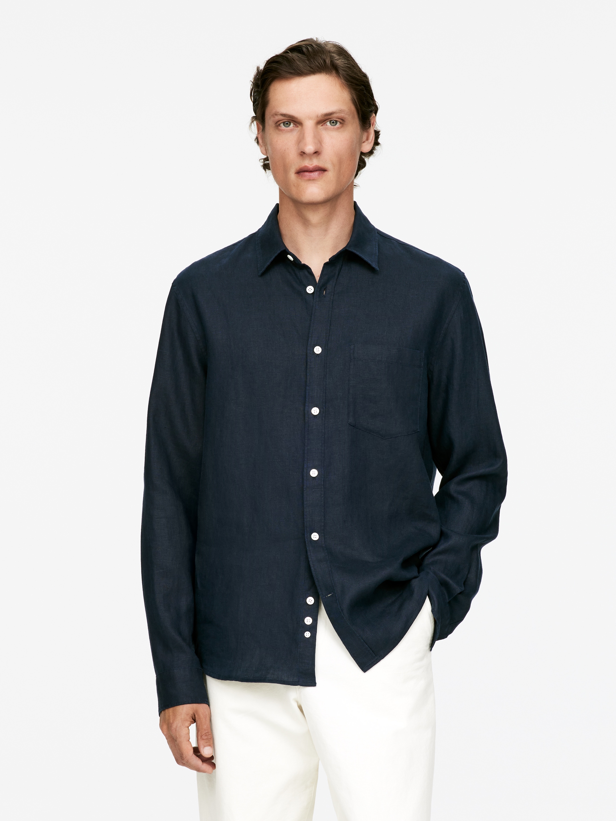View larger image: Regular-Fit Linen Shirt - Dark Blue - Men | H&M GB 1