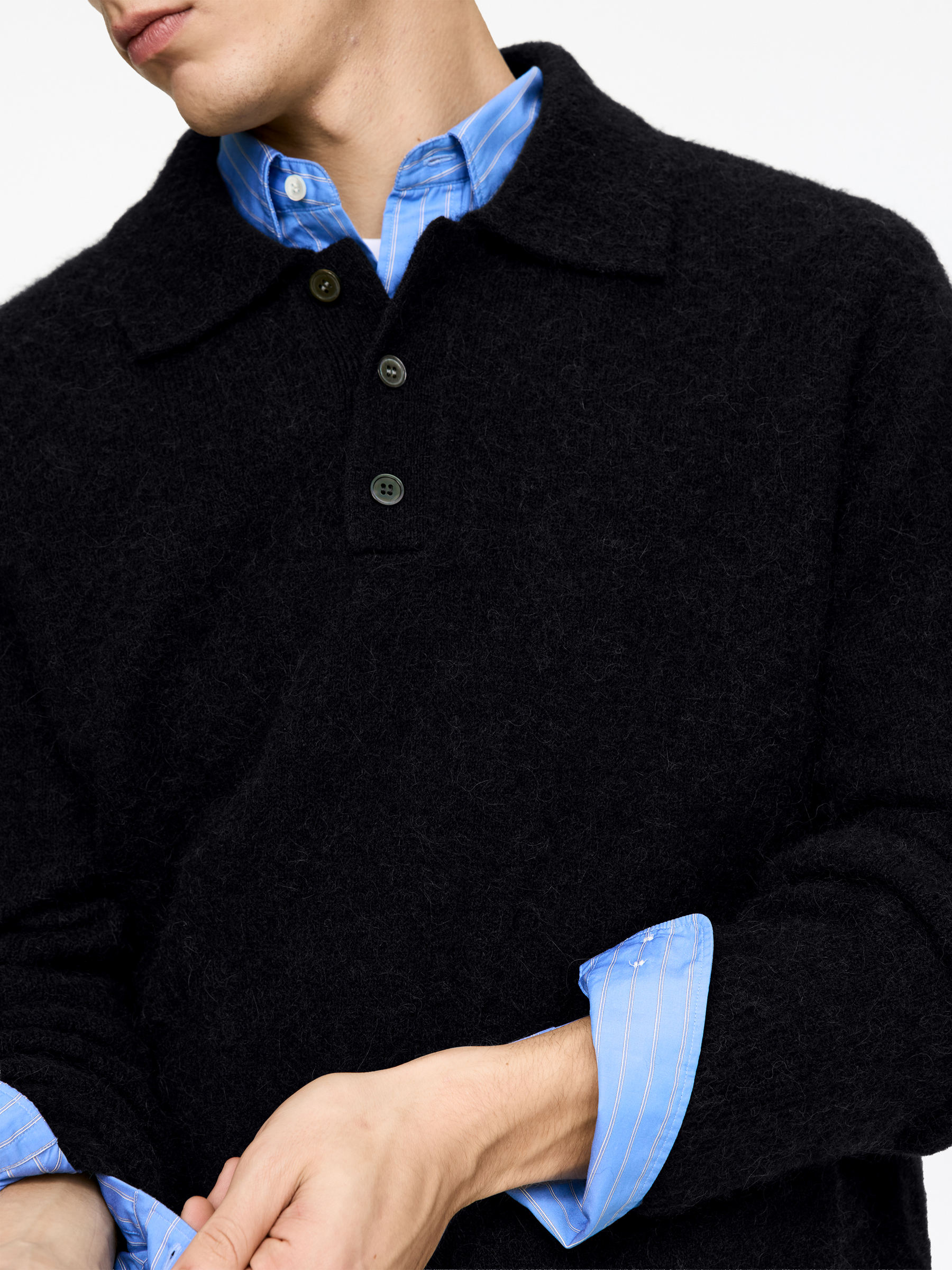 Alpaca Wool Blend Polo Shirt - Dark Blue - Loose fit - Men - StillMedia/Lookbook - 5