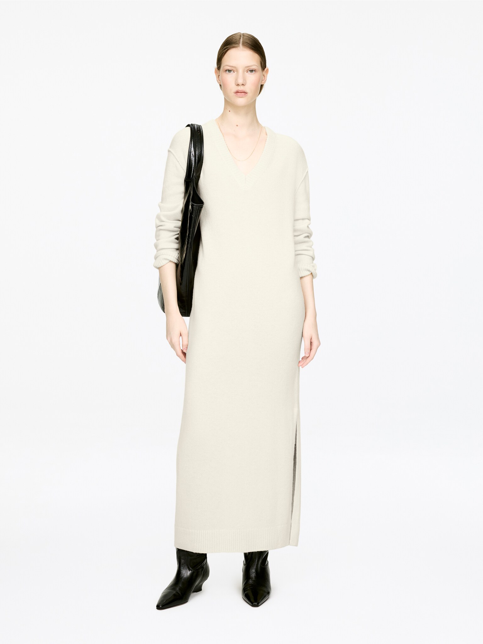 V-Neck Wool Dress - Off White/Black