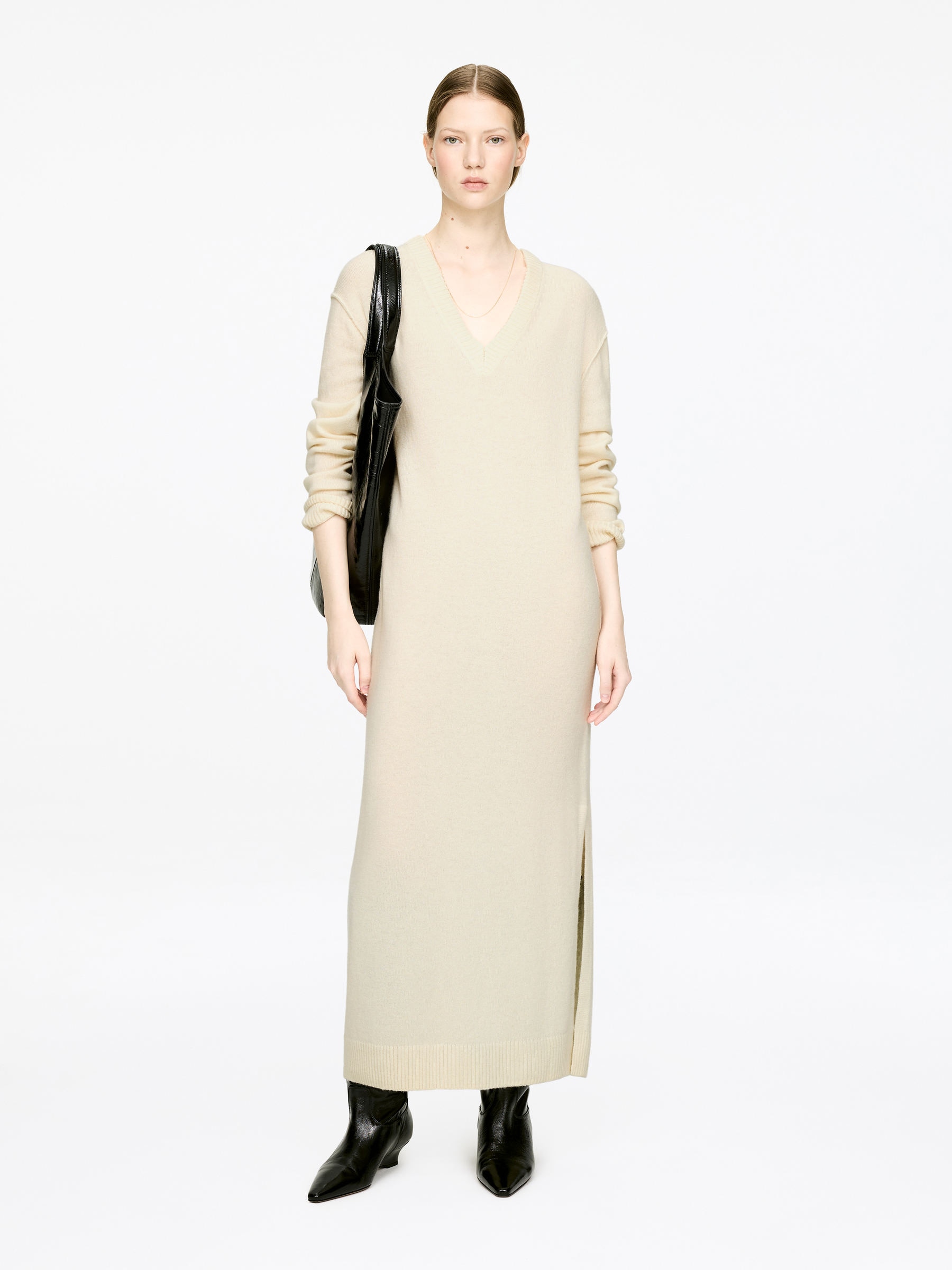 V-Neck Wool Dress-#F2E8D6-13408