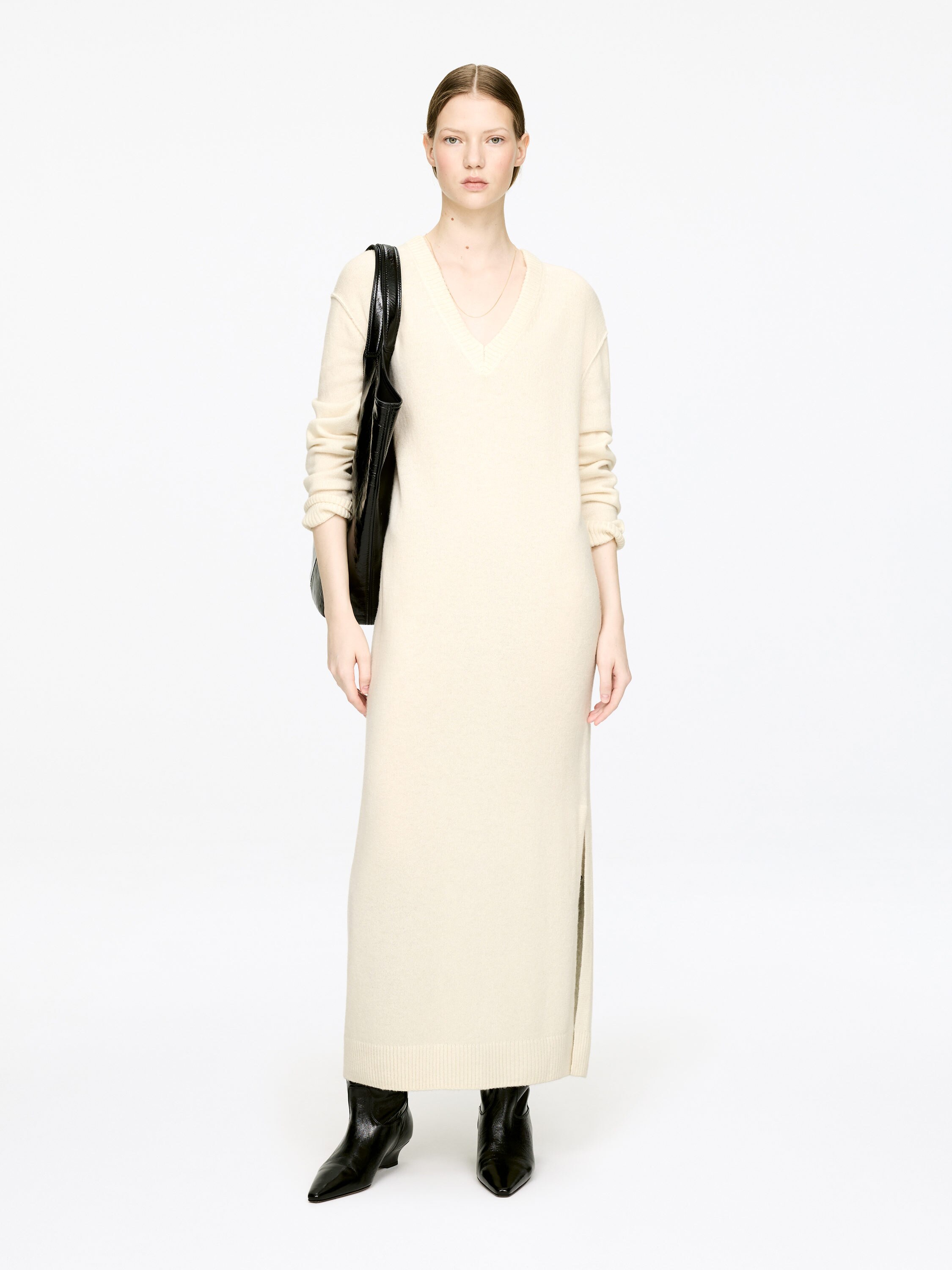 V-Neck Wool Dress-White-13408