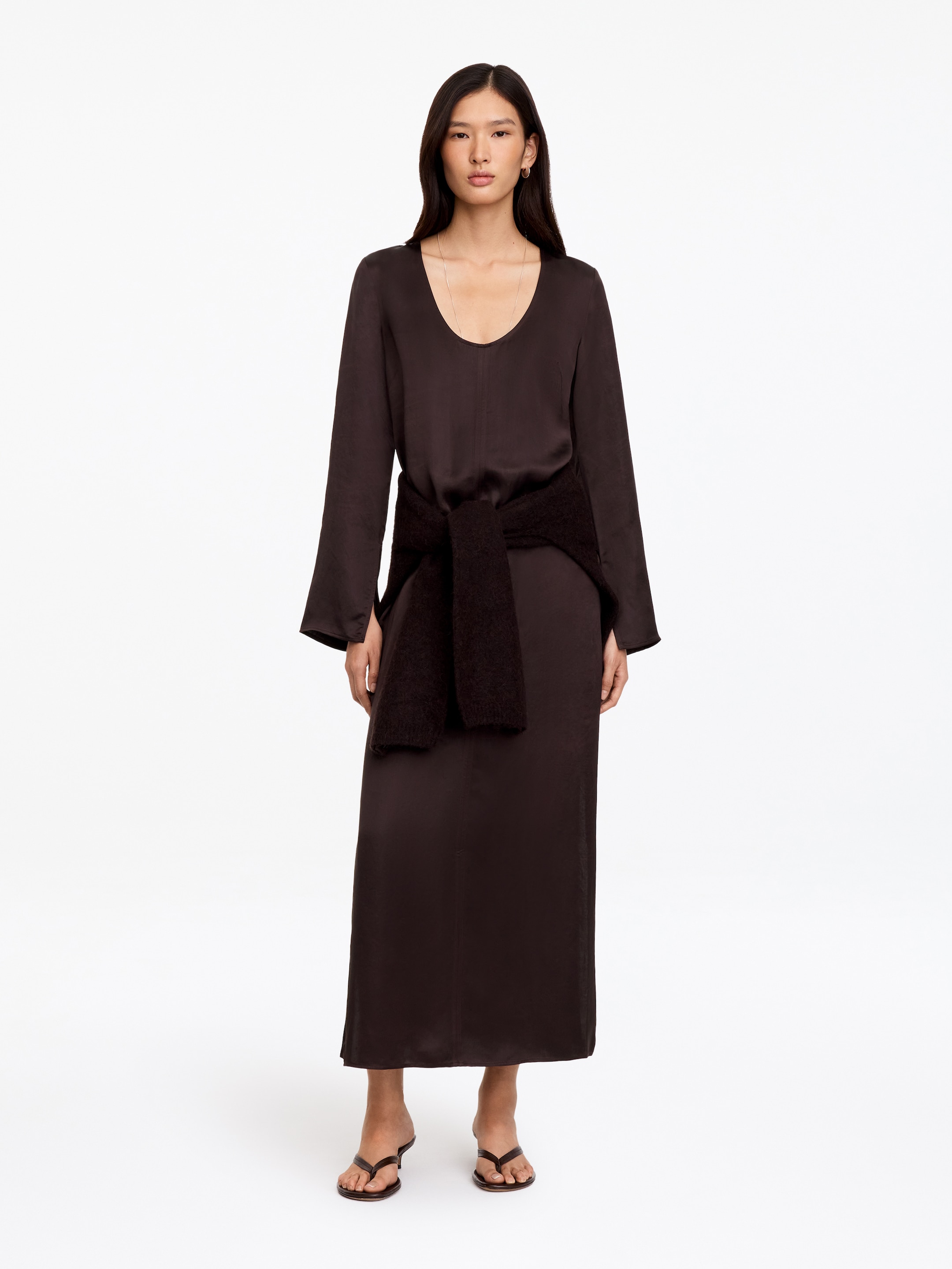 Scoop-Neck Satin Dress-Brown-17872