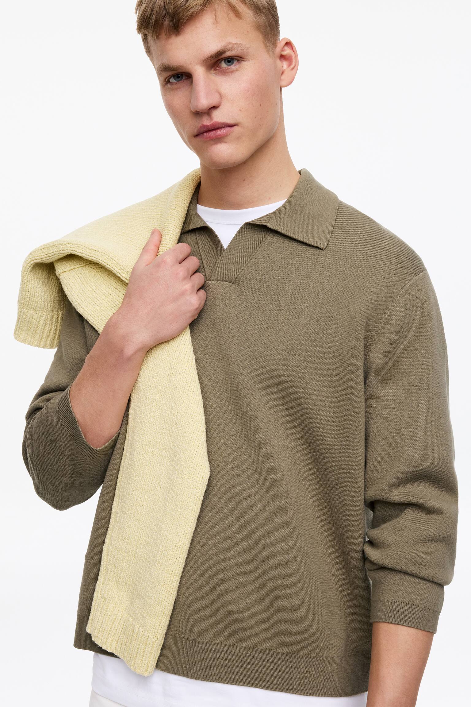 Finstickad polo shirt - Khakigrön/Mörkblå/Brun - 5