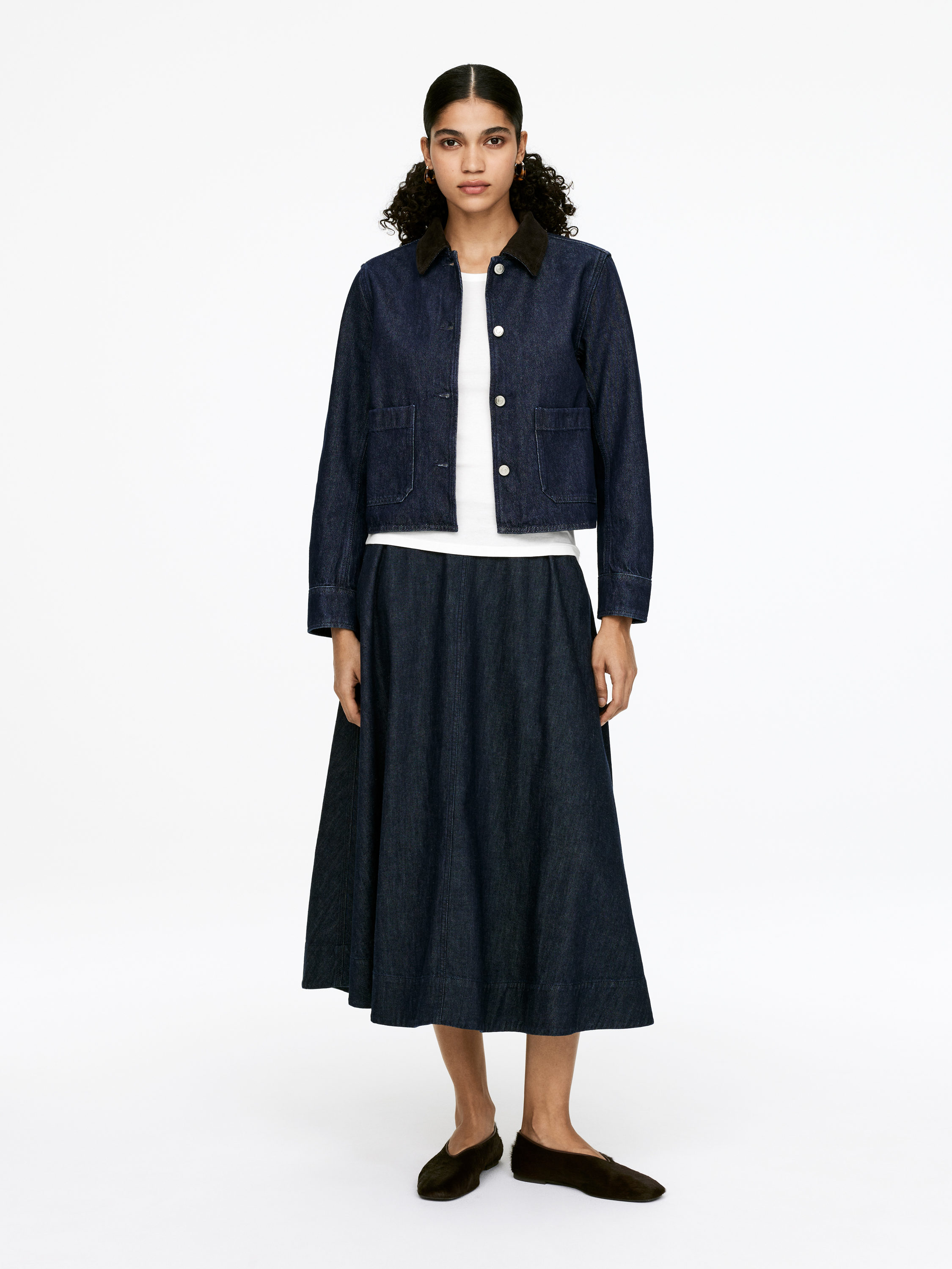 Corduroy-Collar Denim Overshirt-#2E3036-16215