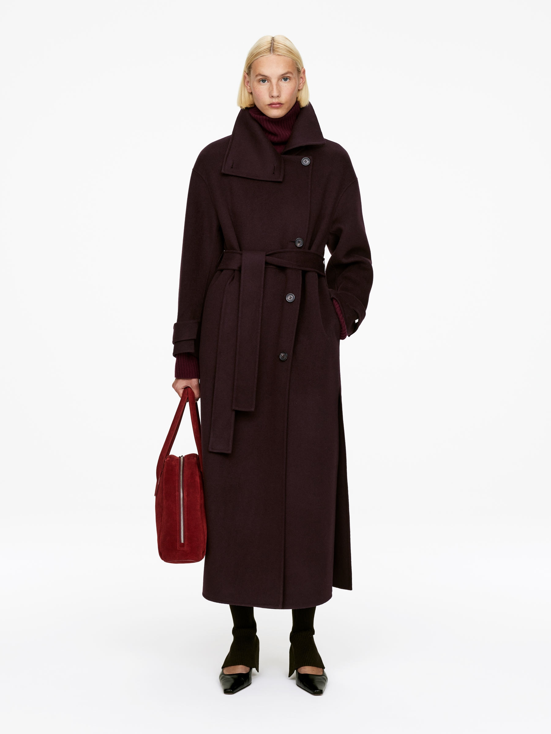 Wool-Blend Funnel-Neck Coat-#330F1A-16572
