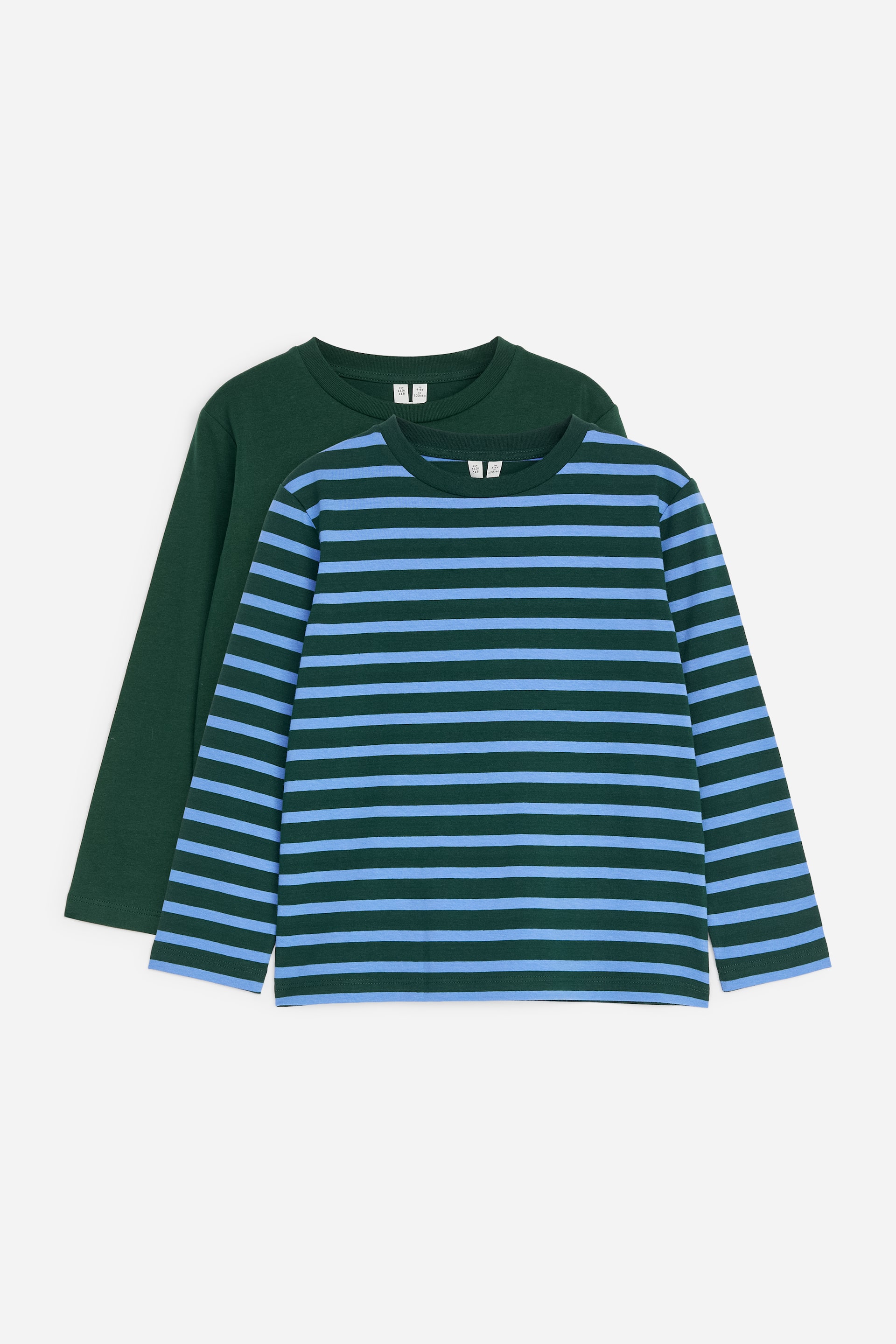 View larger image: Two long-sleeved shirts are layered. A dark green shirt with light blue horizontal stripes is laid over a solid dark green shirt, both featuring crew necks and long sleeves.