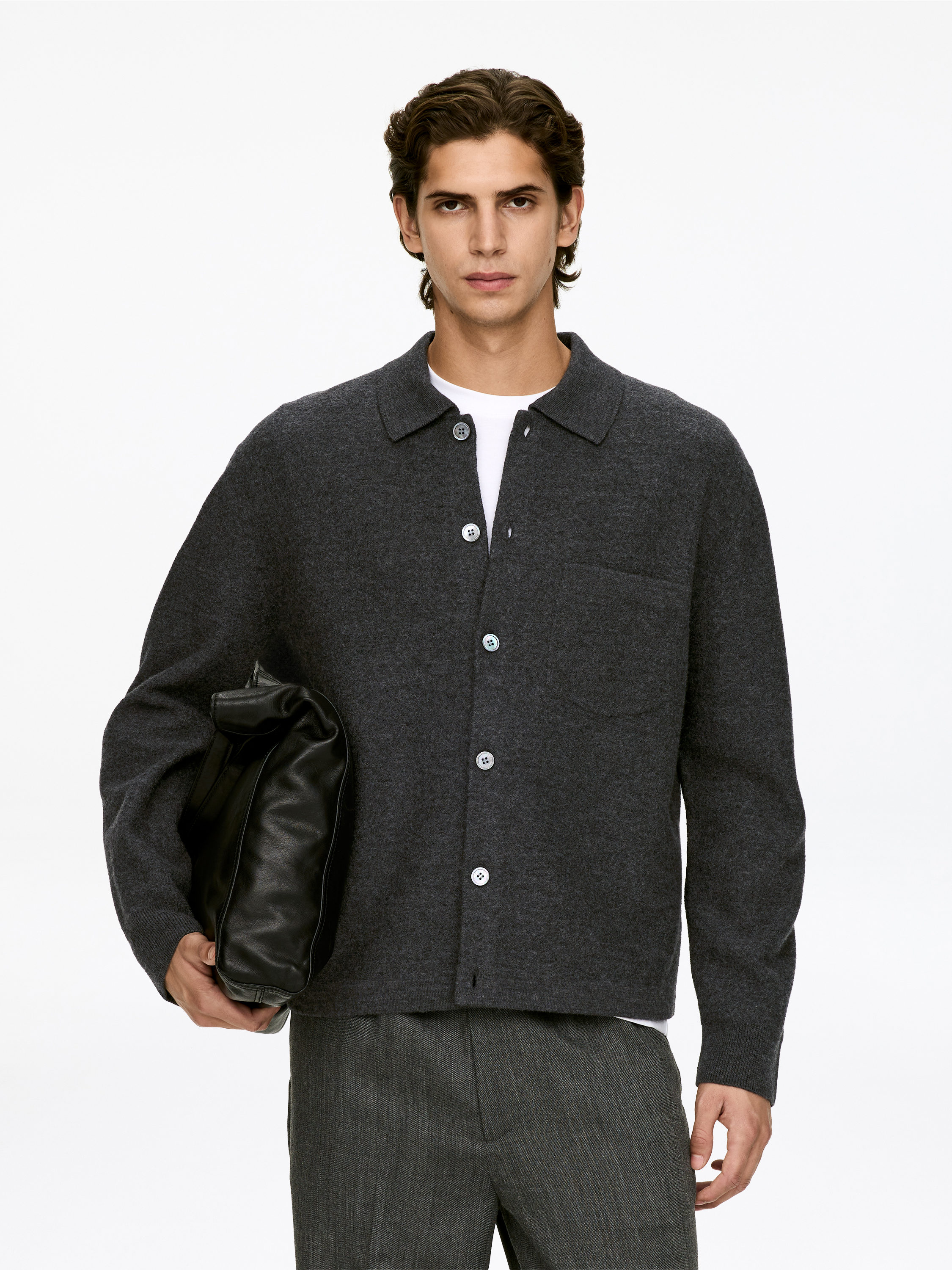 Boiled Wool Cardigan-#505050-17106