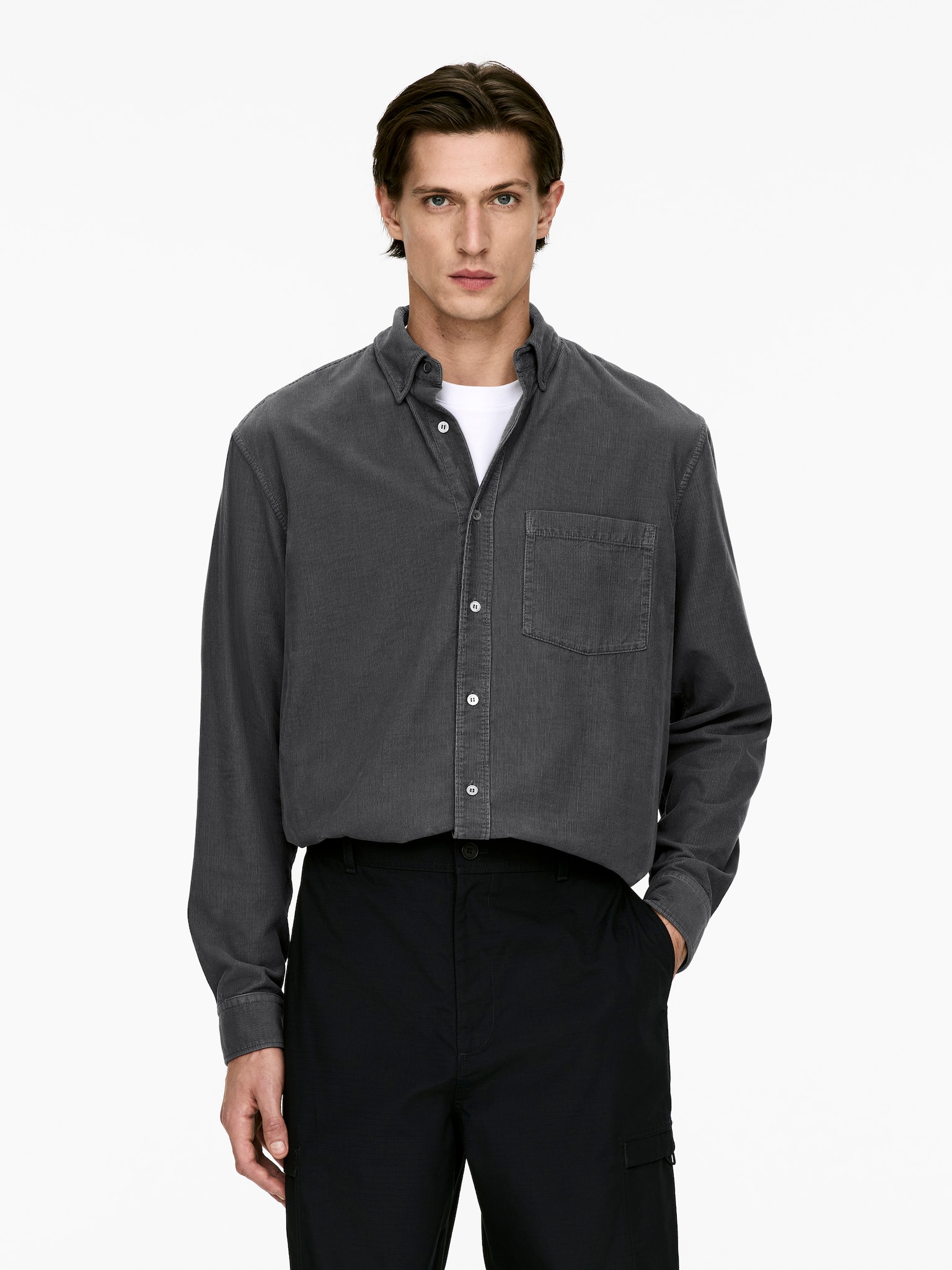 Relaxed Corduroy Shirt - Dark Grey/Khaki Green/Reddish Brown