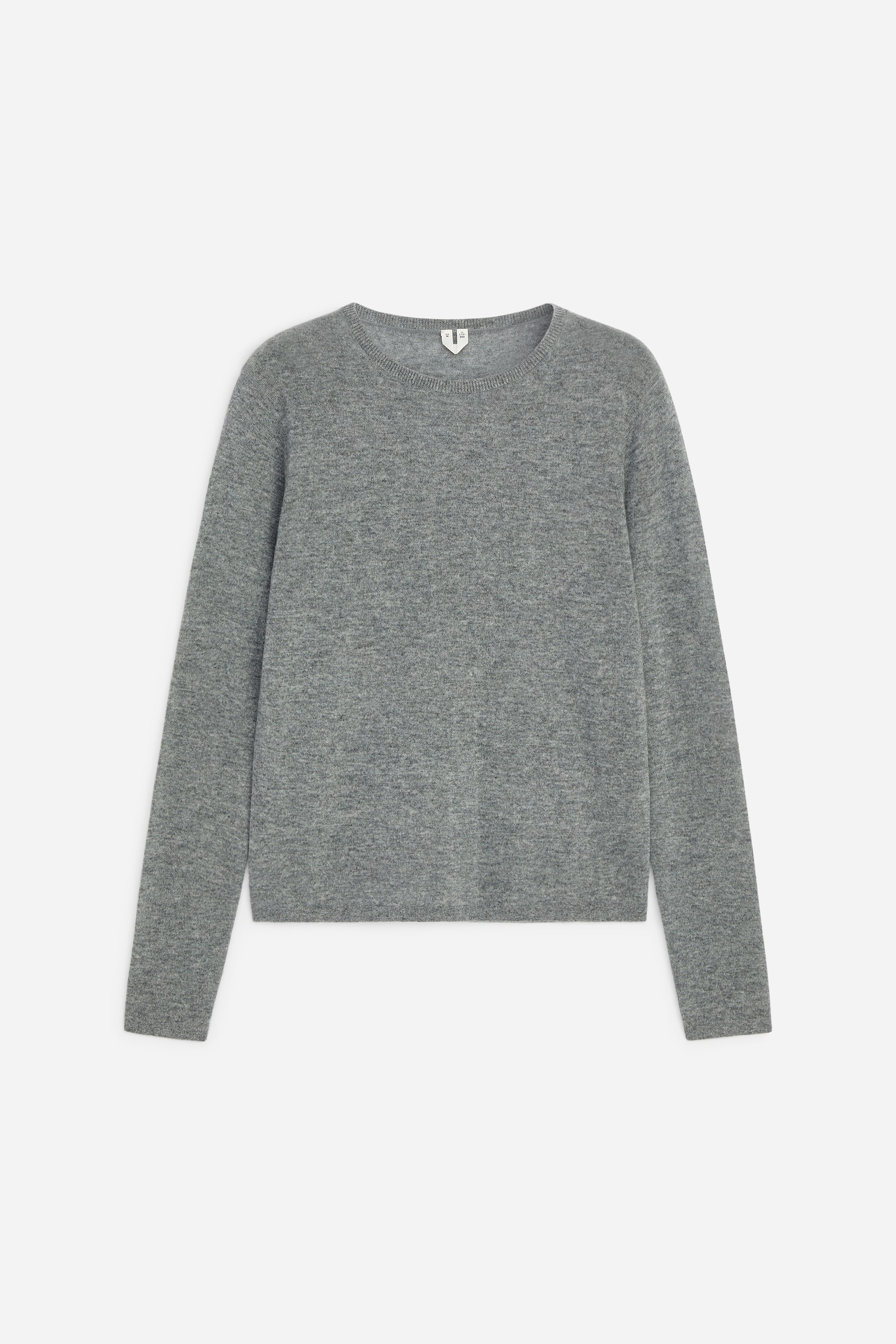 View larger image: A grey fine-knit jumper is displayed from the front, featuring a crew neck, ribbed trims at the collar, cuffs, and hem, and a regular fit.