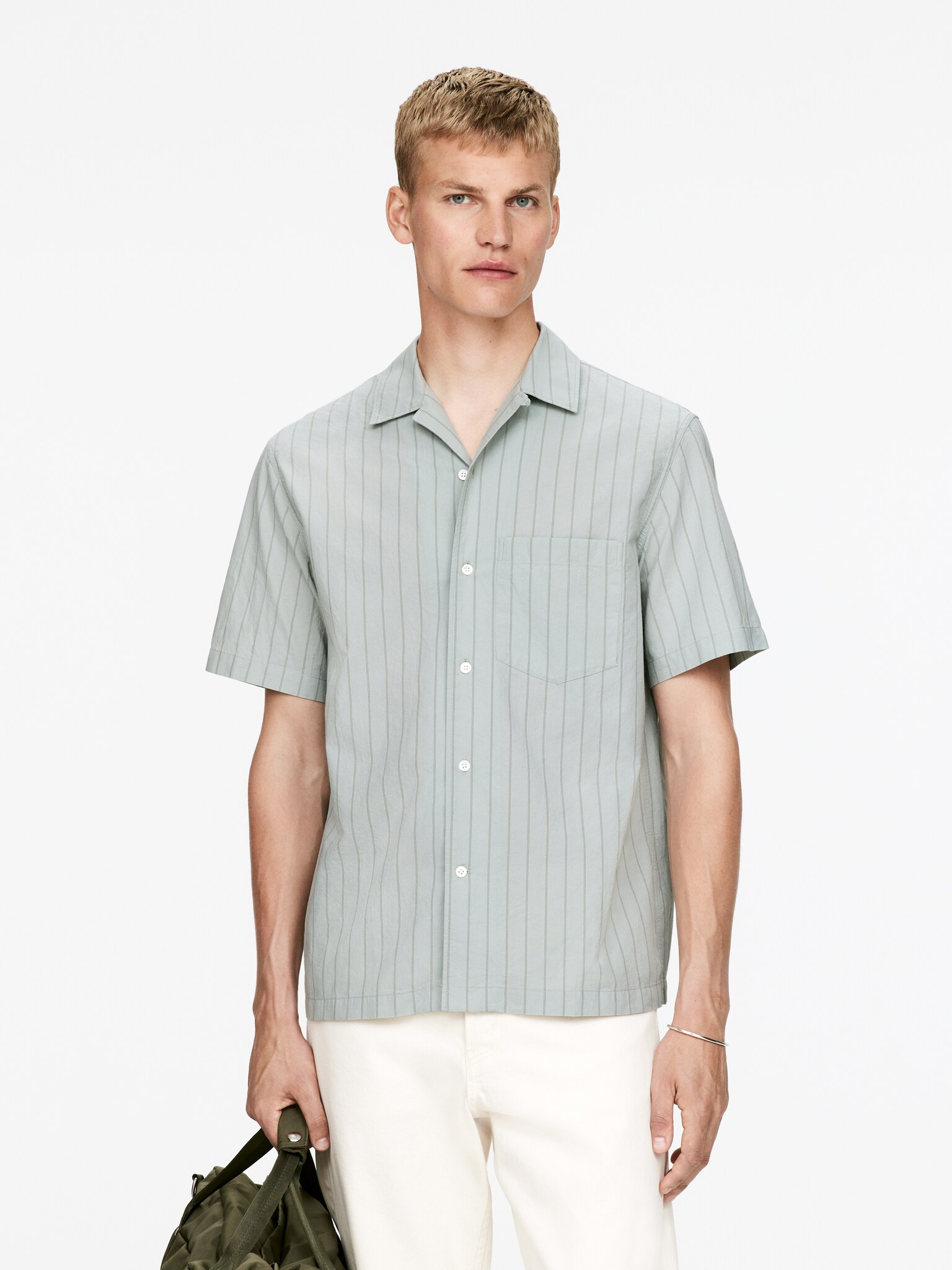 Chemise à col cubain en coton - Vert menthe poudré/Rayures/Blanc cassé/Rayé - 1