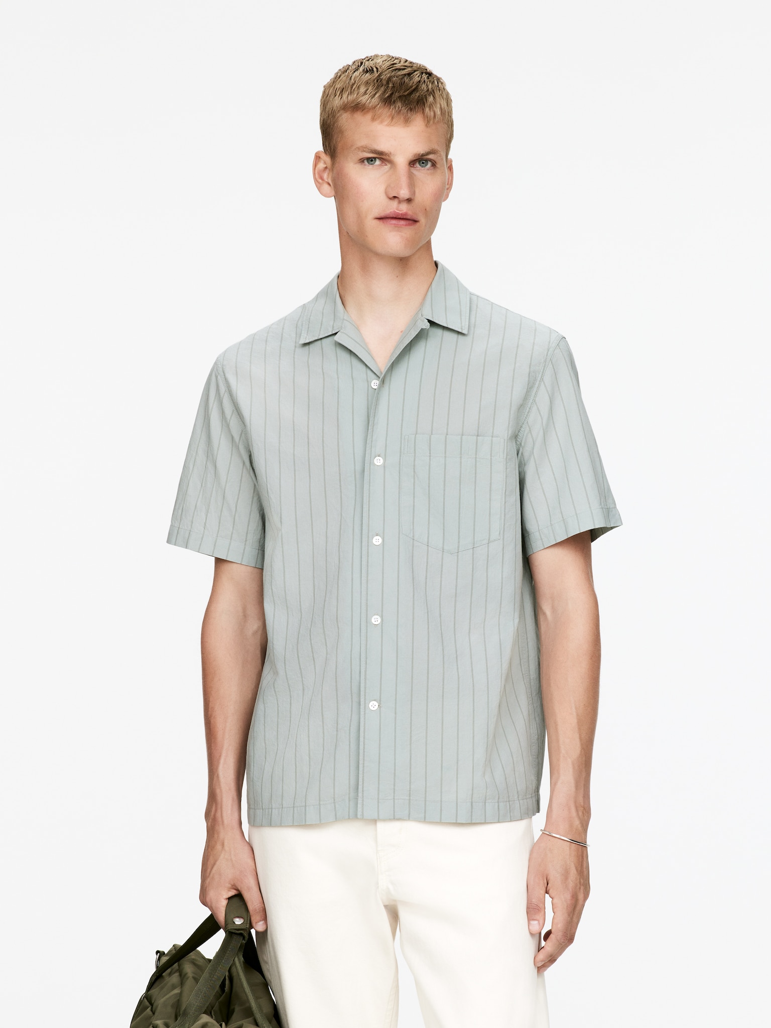 Chemise à col cubain en coton - Vert menthe poudré/Rayures/Blanc cassé/Rayé
