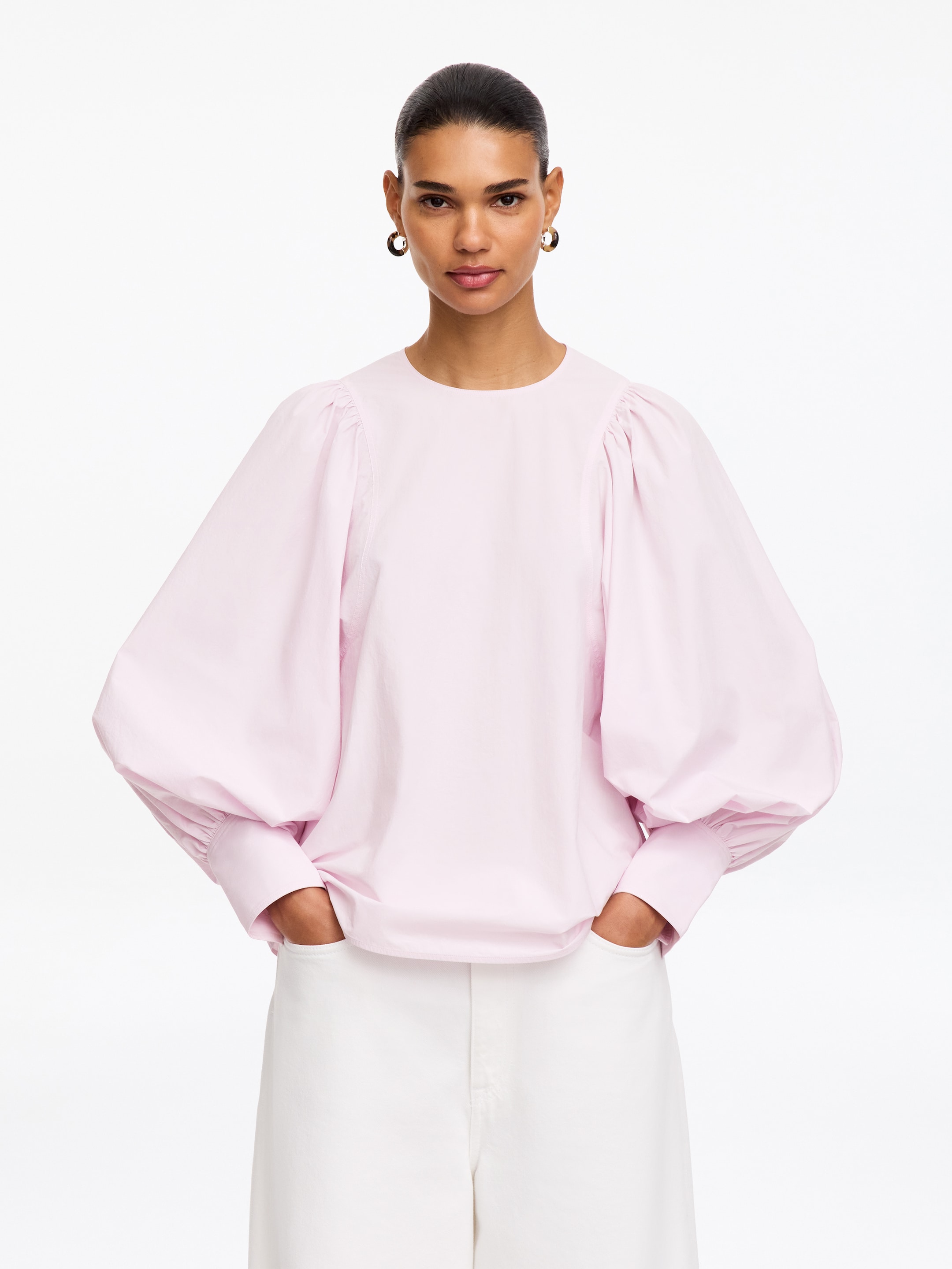 Baumwollbluse mit voluminösen Ärmeln-Pink-19902