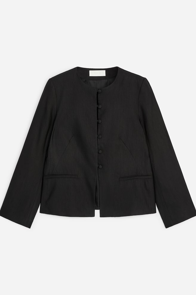 Krageløs blazer i linblanding - Svart/Mørkegrønn - 1