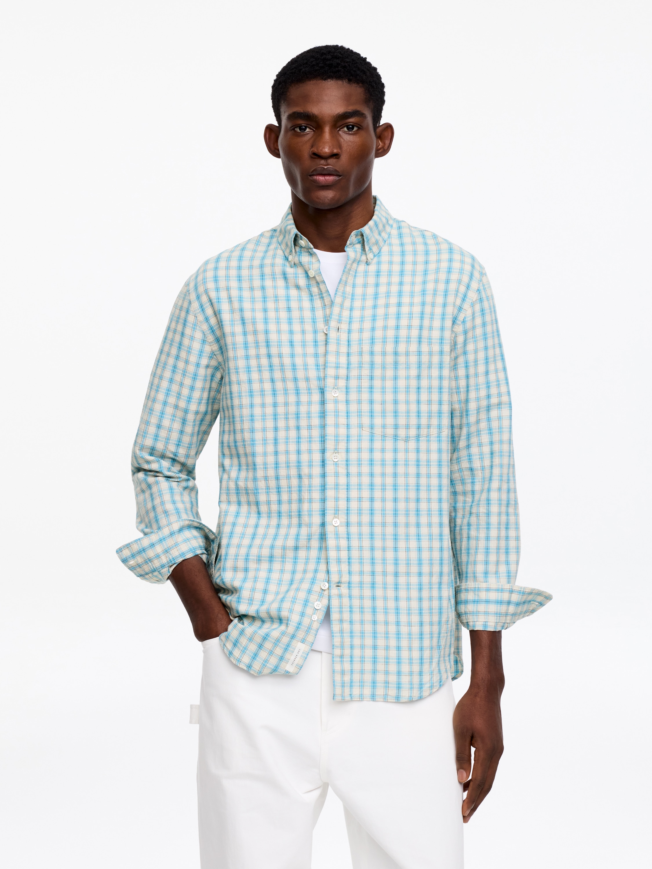 Skjorta i bomull och linne med lös passform - Turkos/rutig