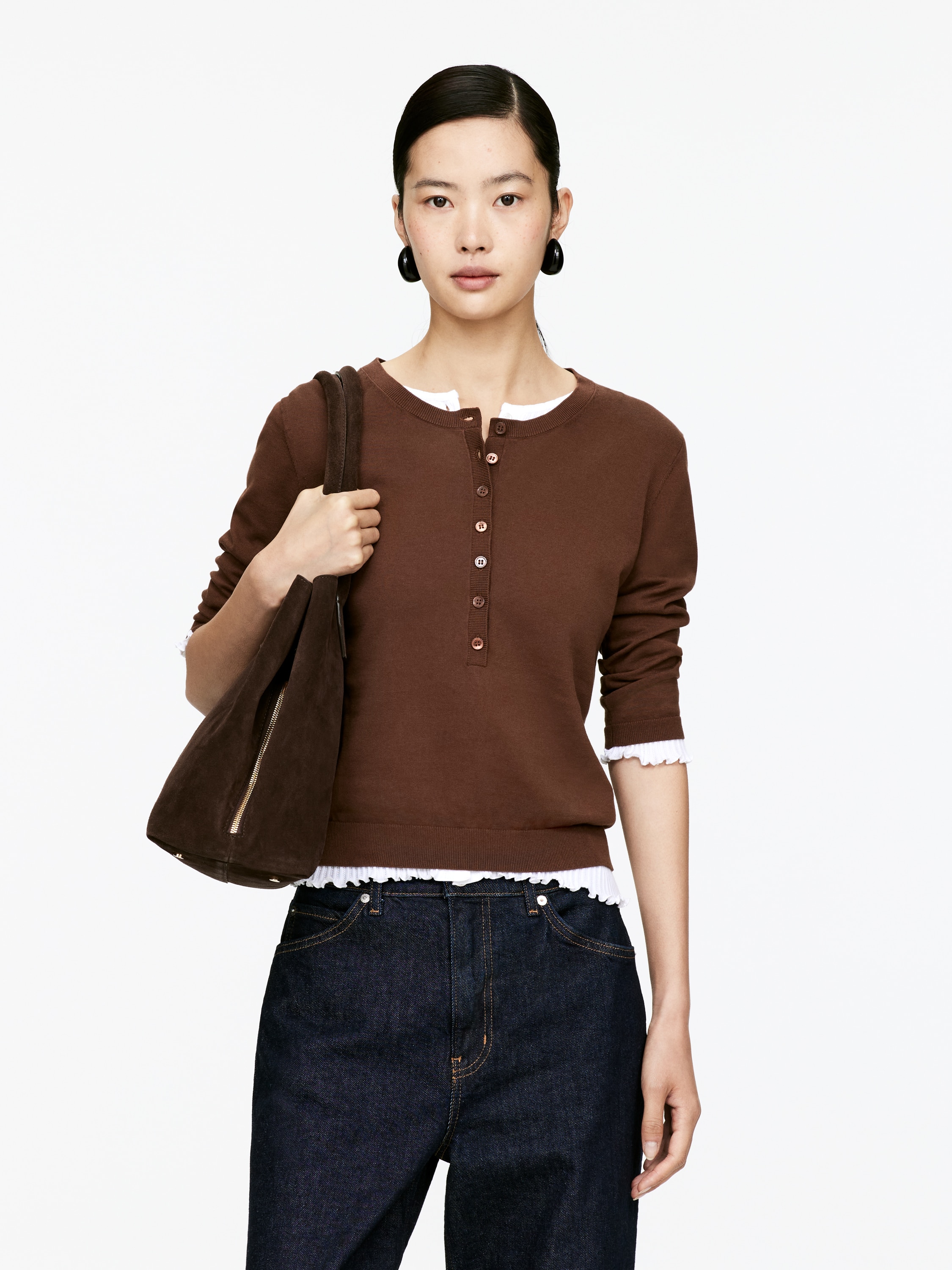 Henley pamut felső - Sötétbarna/White