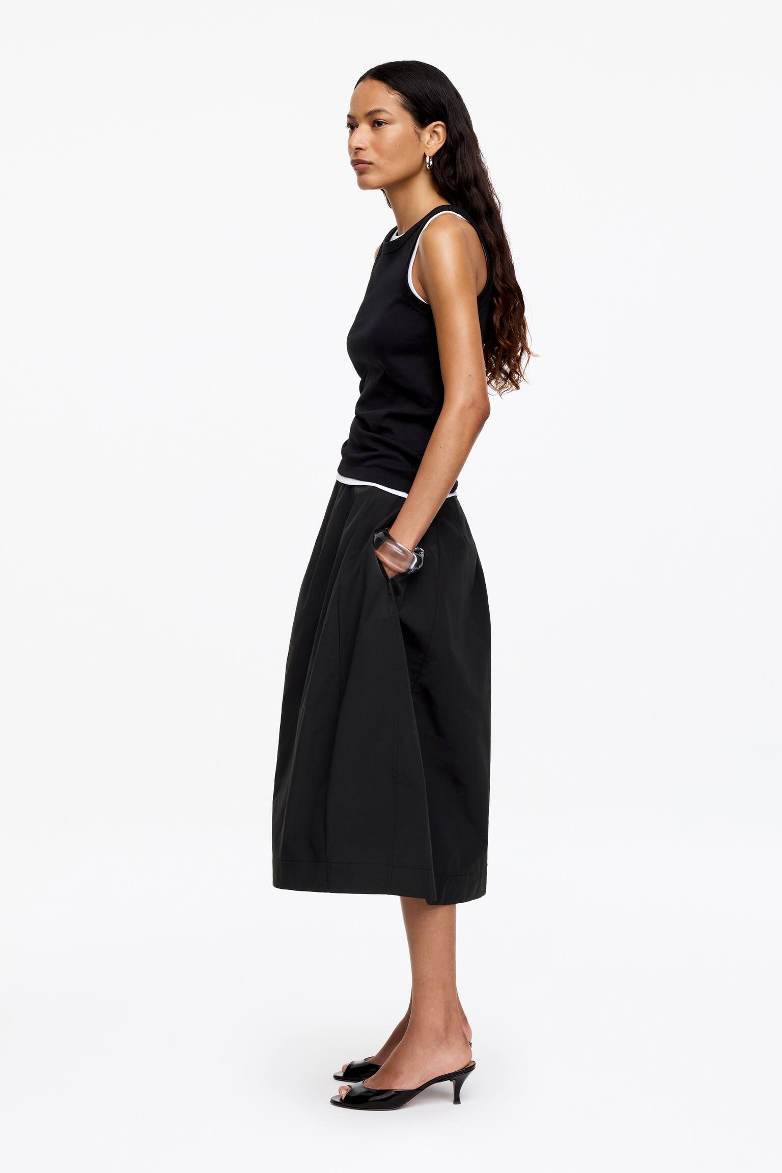 Midi sukně s pasem - Černá - 4