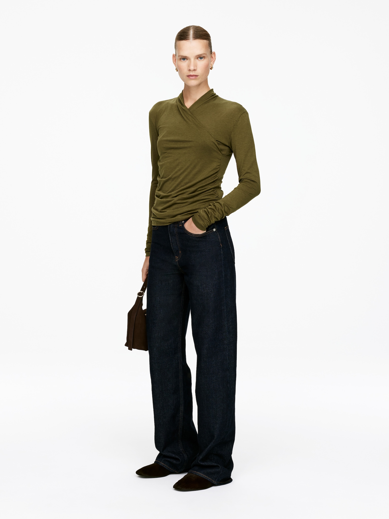 Wrap Lyocell-Cotton Top - Khaki Green/Black - 4
