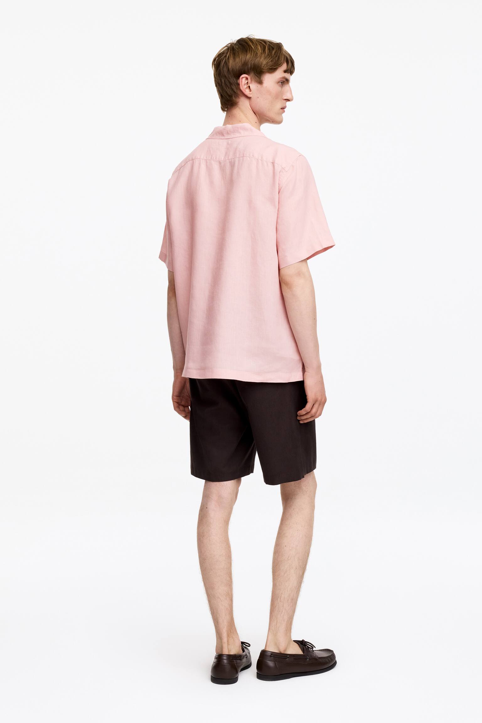Chemise décontractée en lin avec col cubain - Rose clair/Bleu foncé/Blanc/Marron - 1