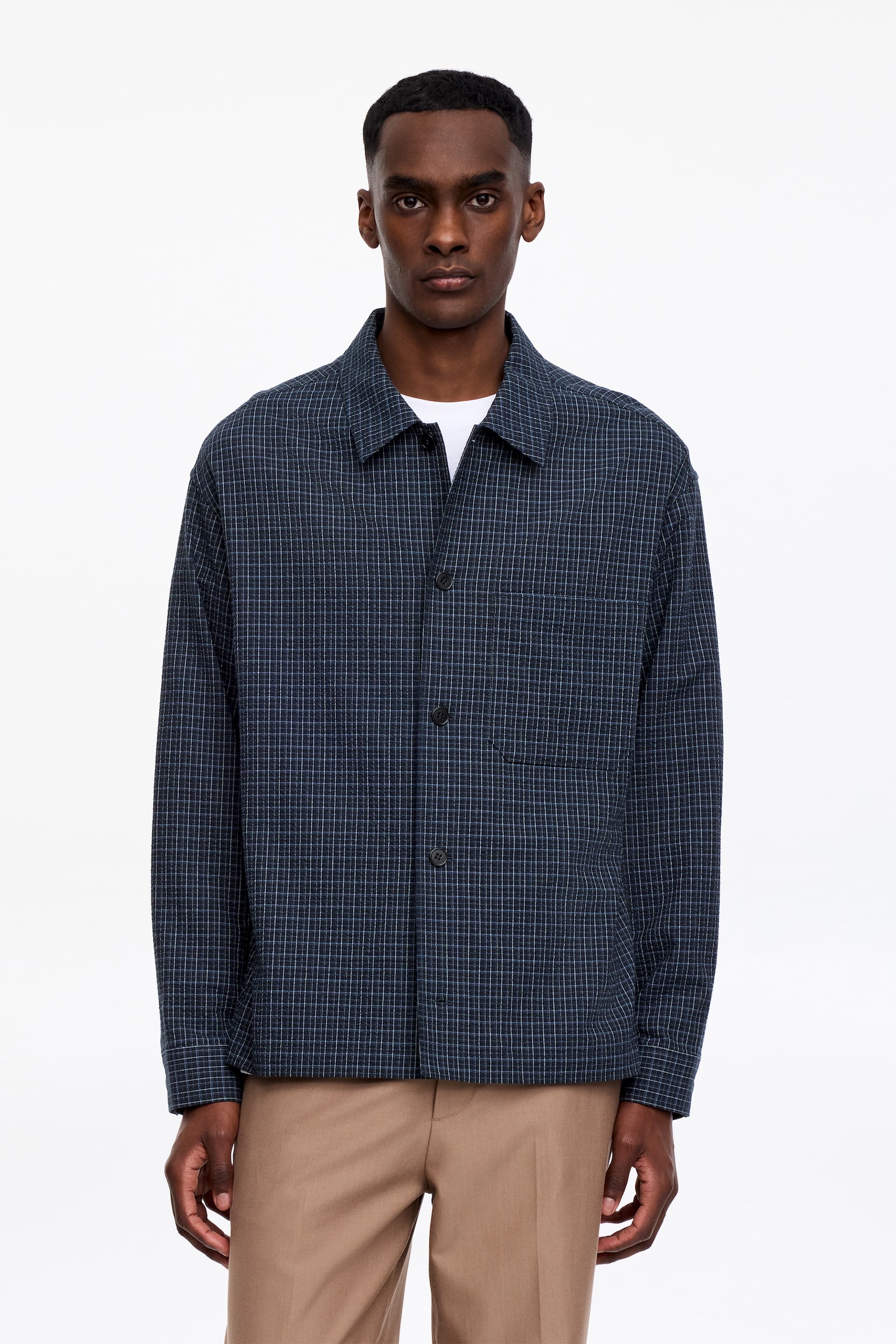 Chemise en crépon de coton - Bleu foncé/Carreaux - 1