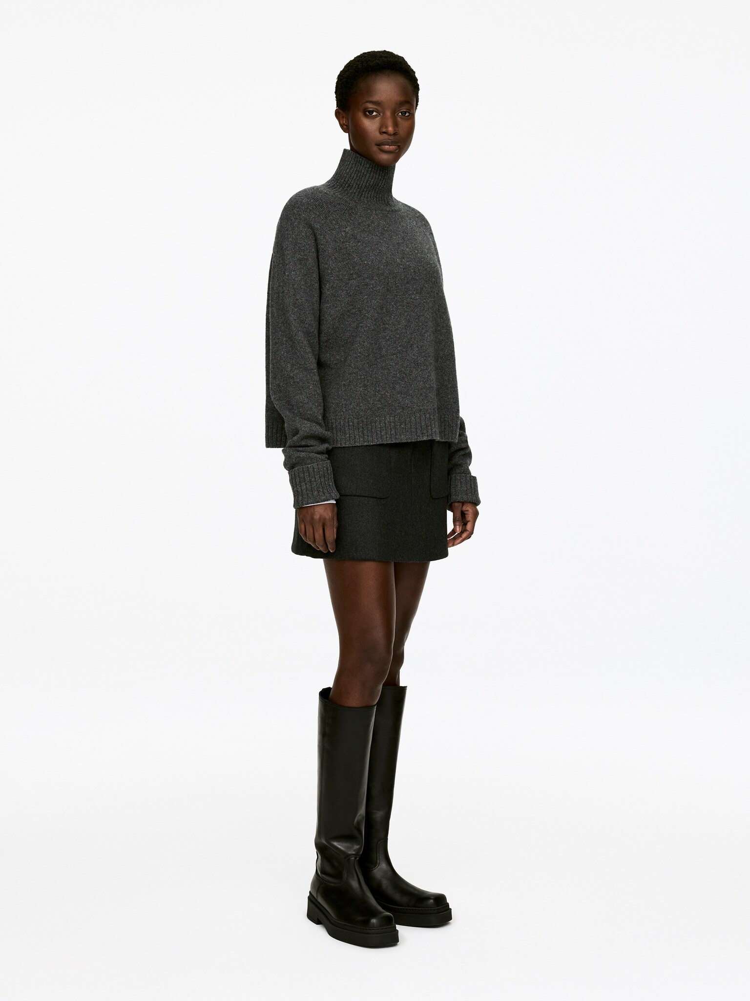 Pull en laine à col roulé - Gris foncé chiné/Rouge - 5