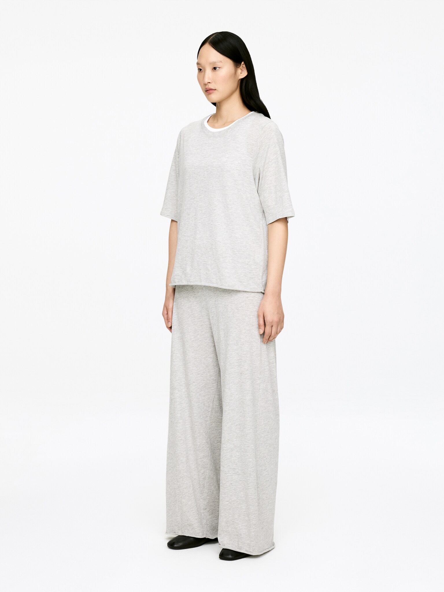 Draperet T-shirt i bomuld - Gråmeleret - 5