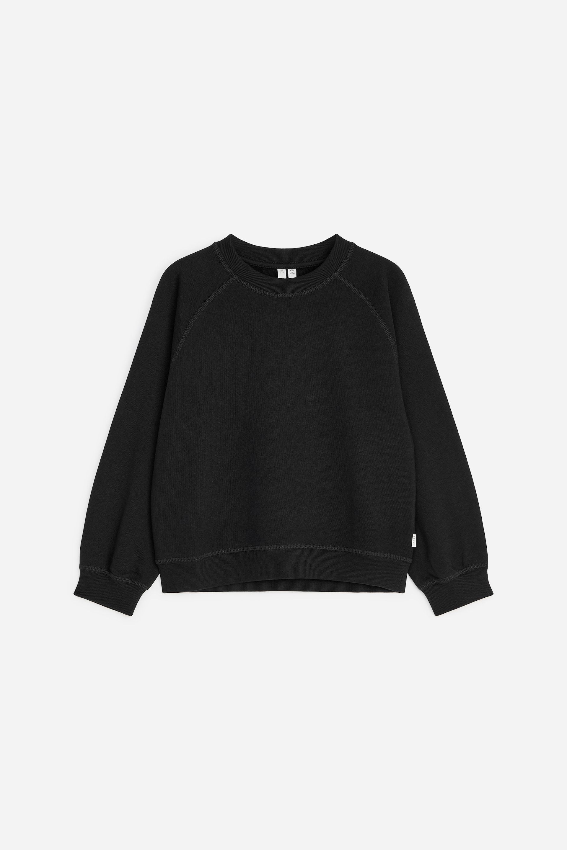 View larger image: A black crewneck sweatshirt is visible from the front. It is designed with raglan-cut sleeves, a rib-knit collar, and rib-knit cuffs and hem.