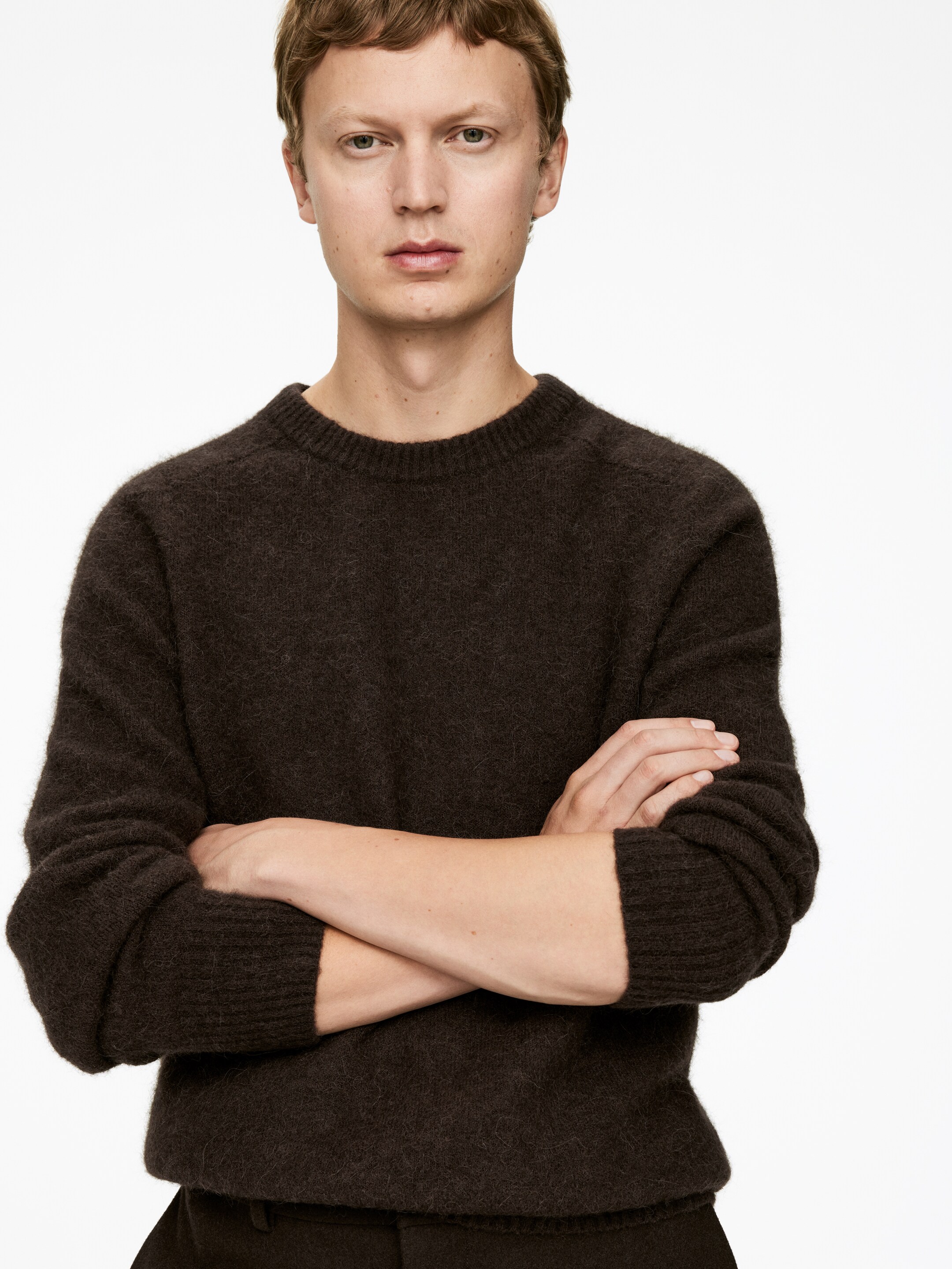Größeres Bild anzeigen: Ein dunkelbrauner Pullover mit Rundhalsausschnitt zeichnet sich durch eine flauschige Textur, lange Raglanärmel und gerippte Bündchen und einen gerippten Saum aus. Er wird von vorne präsentiert.