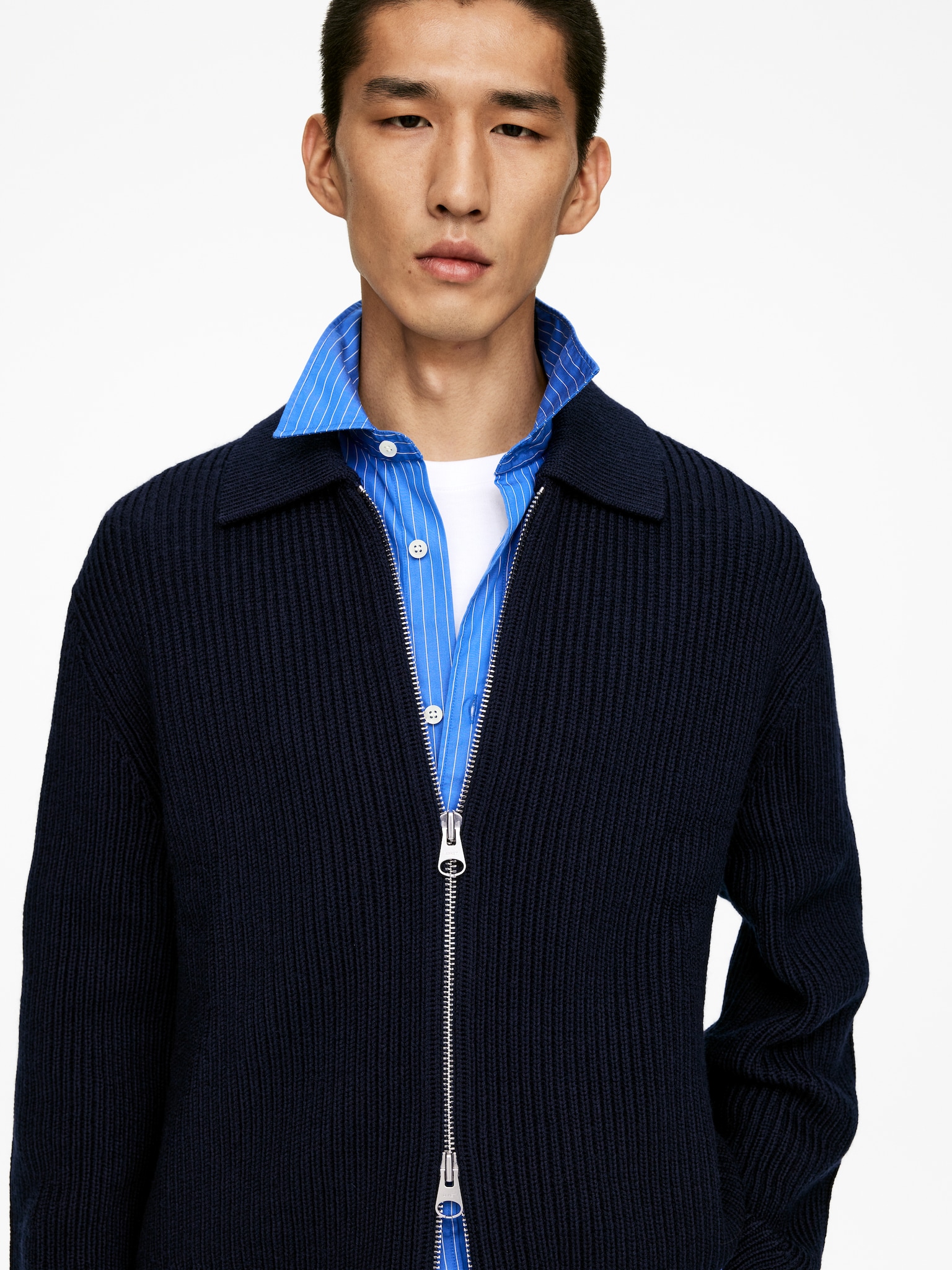Cardigan zippé en laine et coton - Bleu foncé - 3