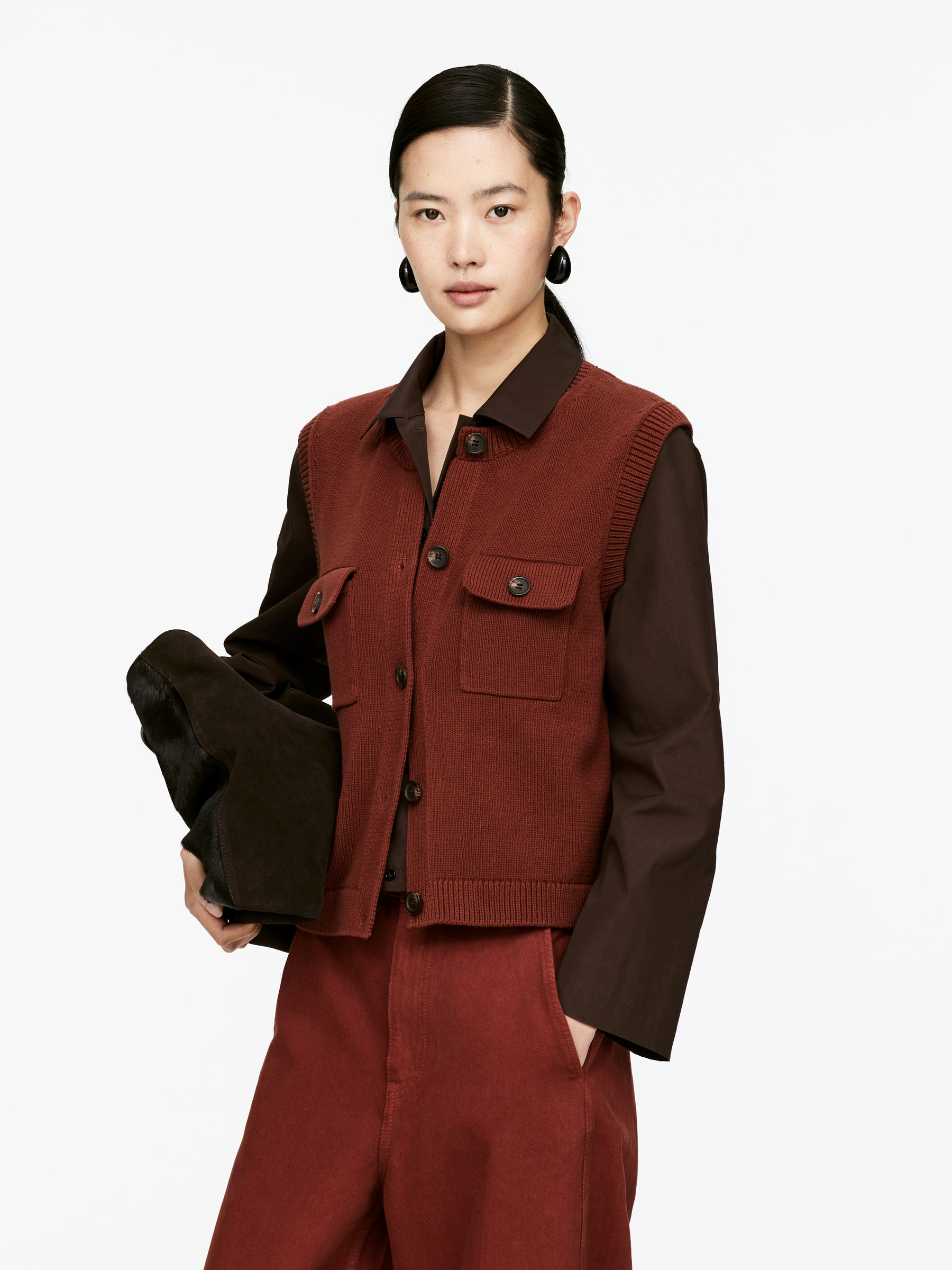 Knitted Cotton Vest-#5D342C-15791