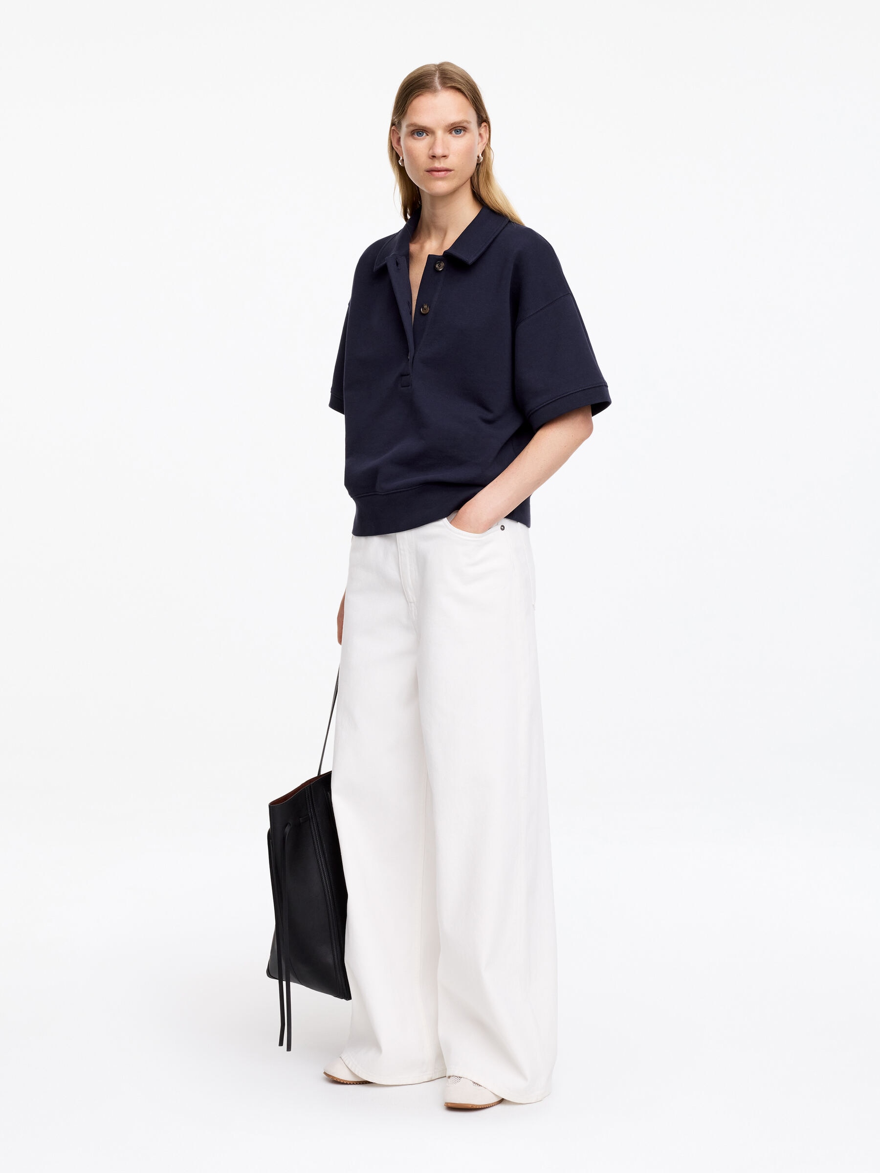 French Terry Polo Sweatshirt - Navy - Regular fit - Women - StillMedia/Lookbook - 2