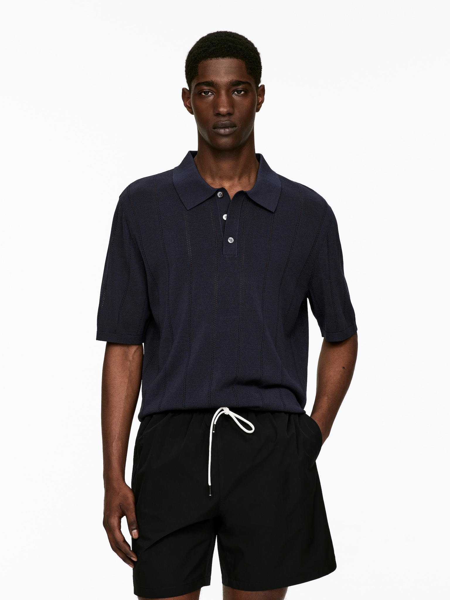 Polo en maille pointelle - Bleu foncé/Beige - 1