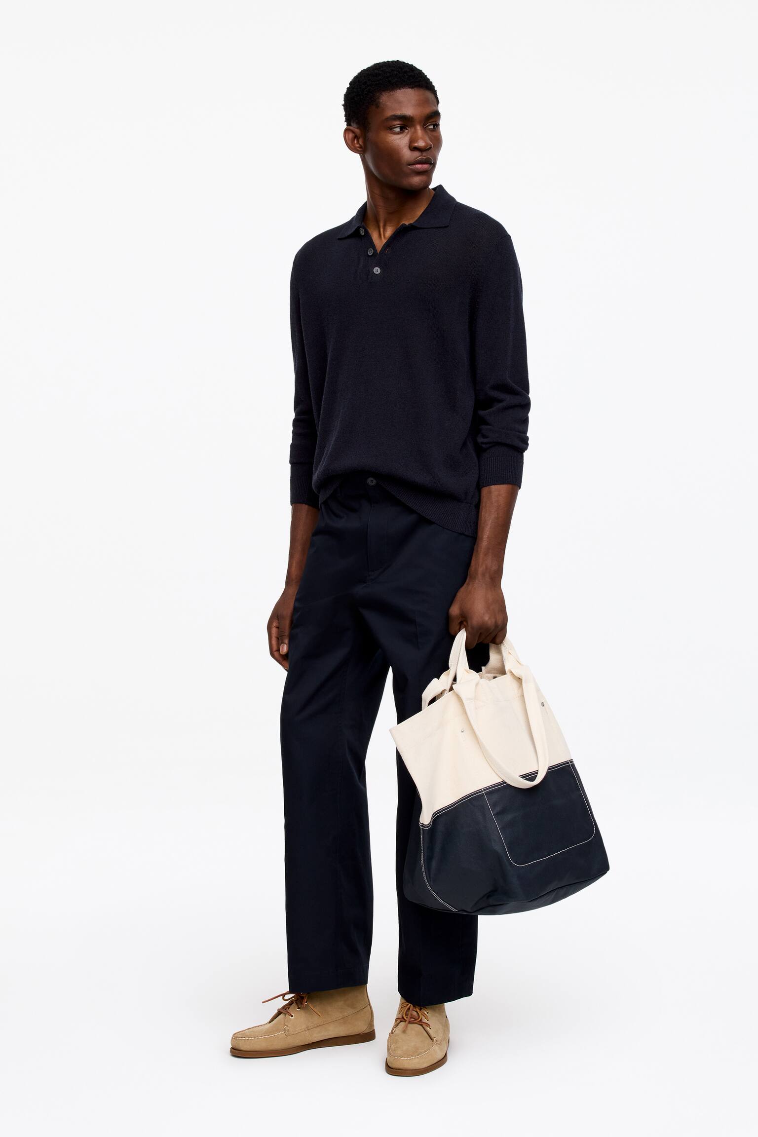 Polo shirt i linneblandning - Mörkblå/Brunmelerad - 4