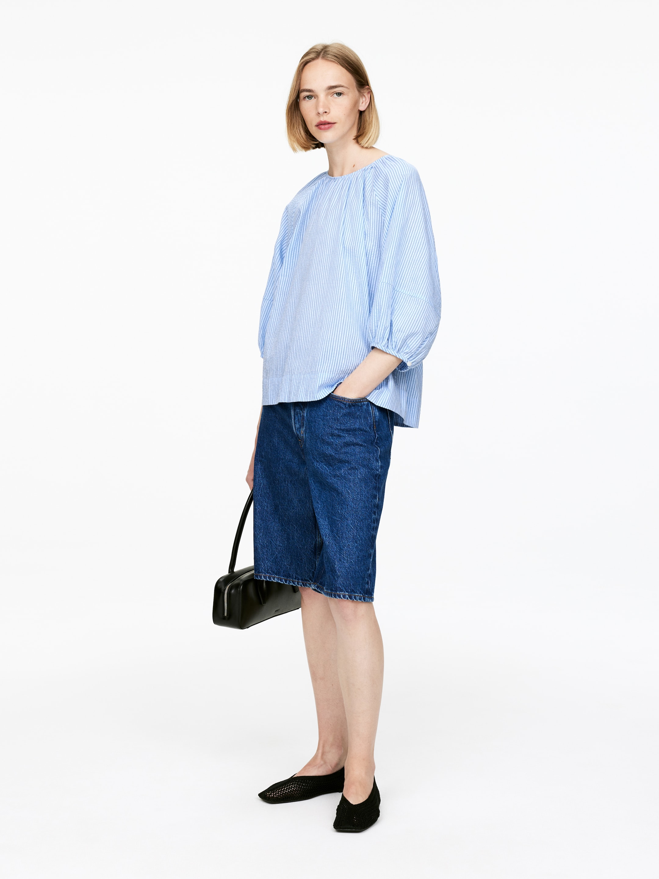 Visualizza immagine più grande: Blusa con vestibilità rilassata in cotone e lino - Azzurro/Righe - DONNA | H&M IT 2