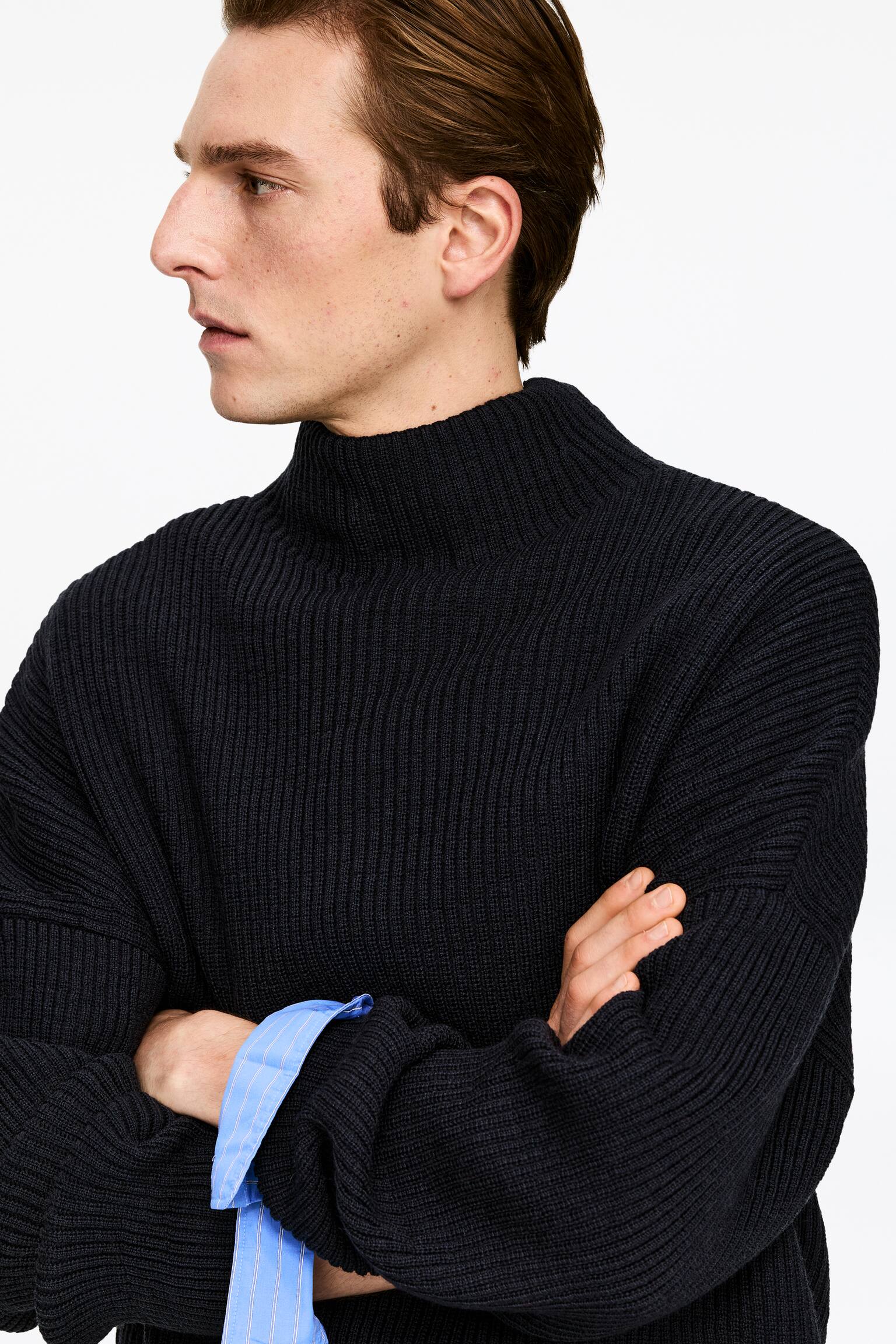 Trui van wol en katoen met trechterhals - Donkerblauw - 5