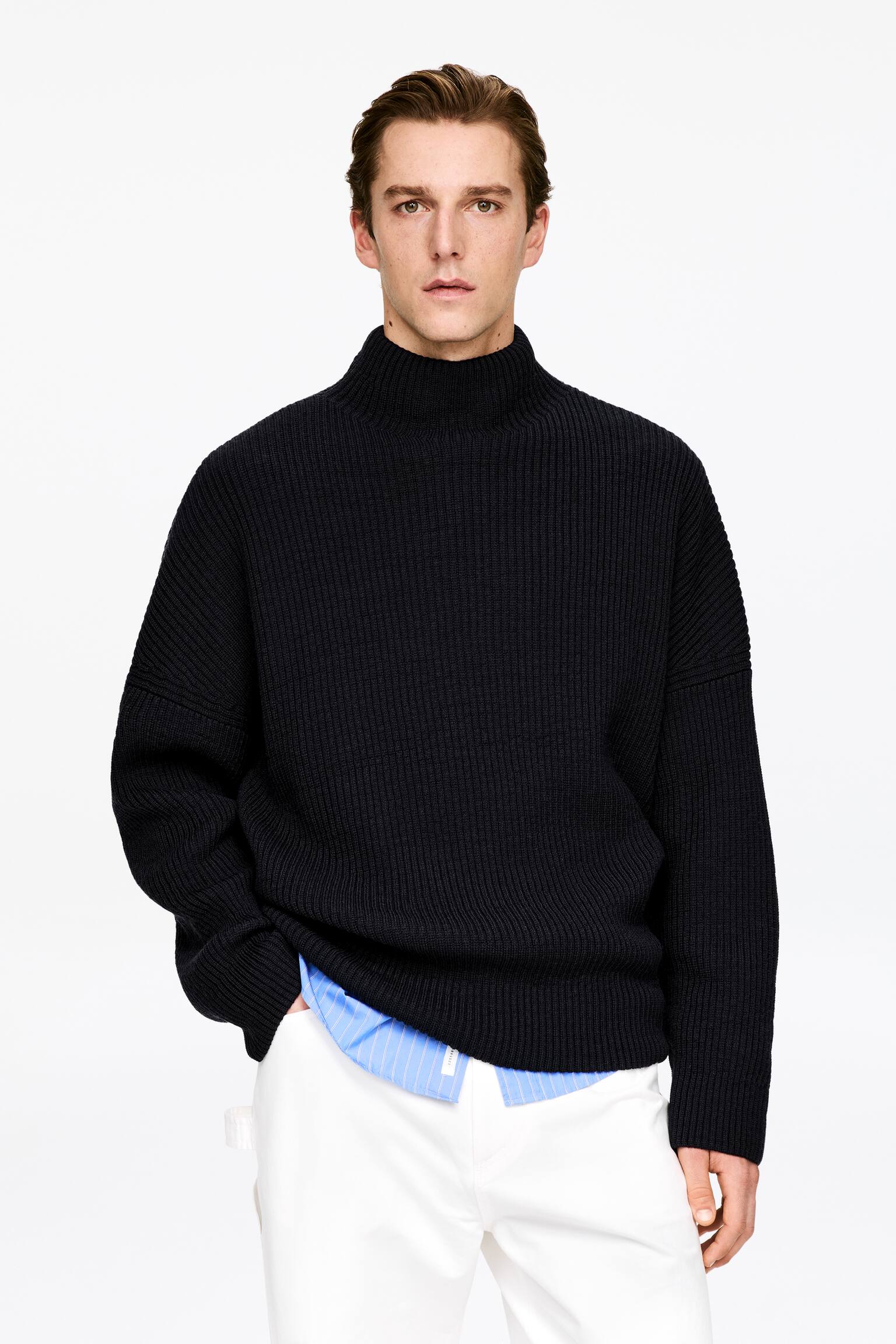 Trui van wol en katoen met trechterhals - Donkerblauw - 1