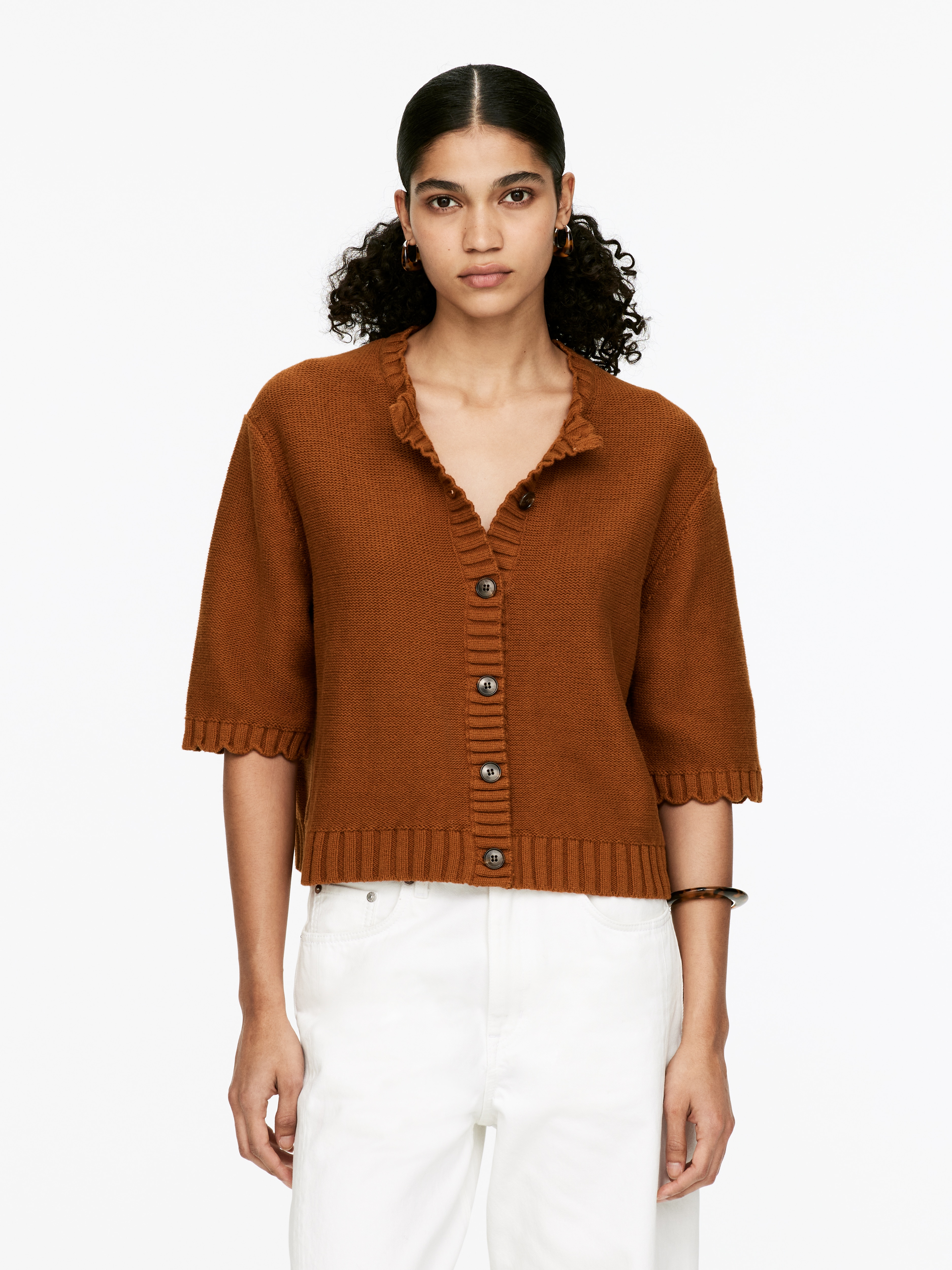 Kagylószélű pamut kardigán - Rozsda