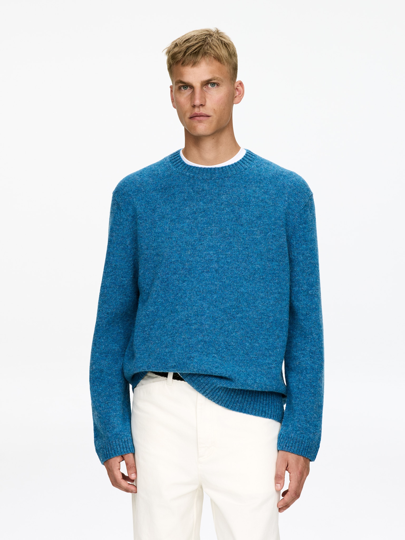 Crew-Neck Wool Jumper - Albastru Melange/Roșu/Off-White - 1