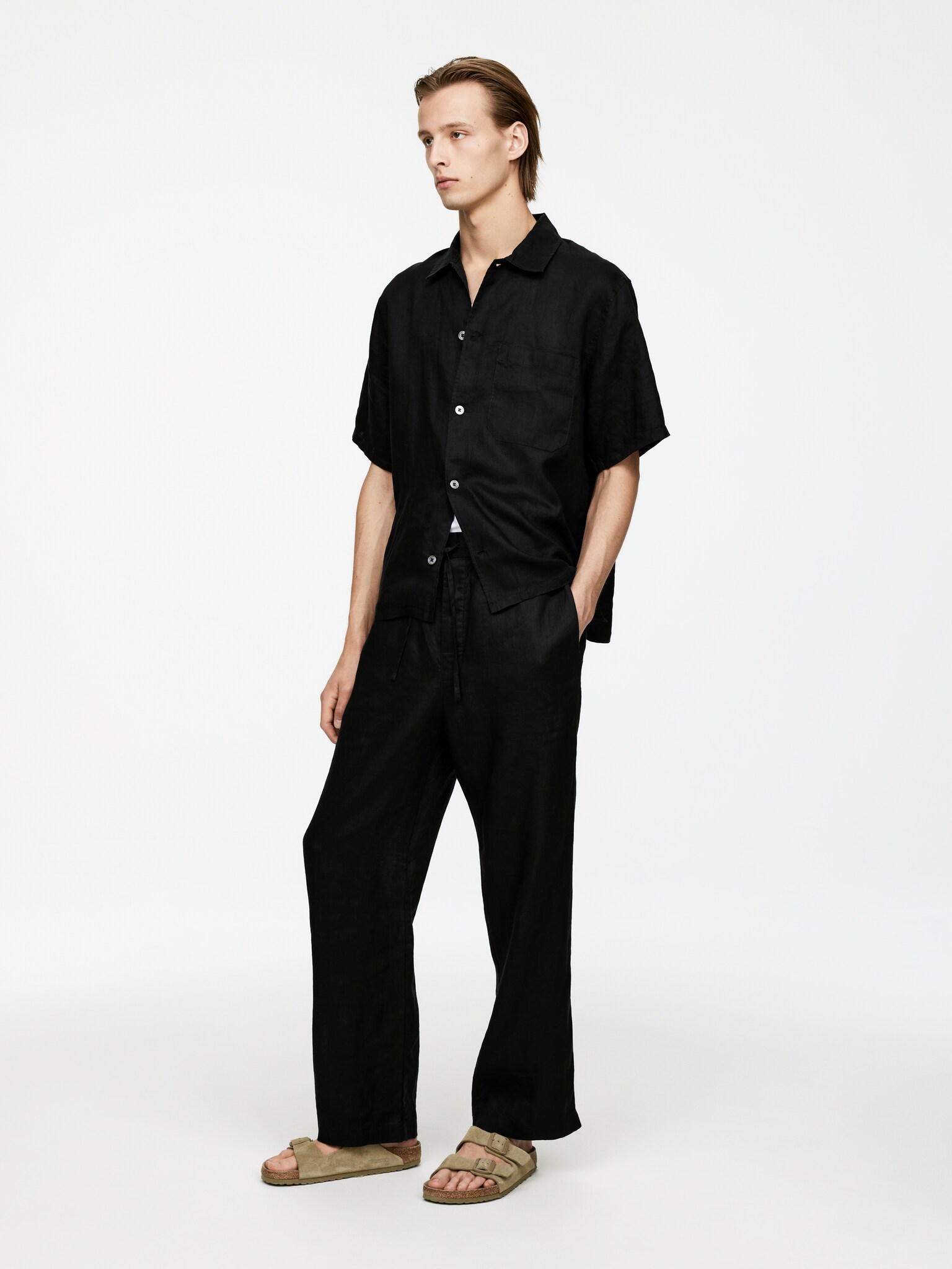 Pantalon en lin décontracté - Noir/Beige/Bleu foncé - 4