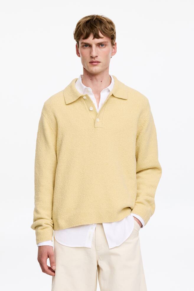 Knitted Cotton Blend Polo Shirt - Yellow/Grey - 1