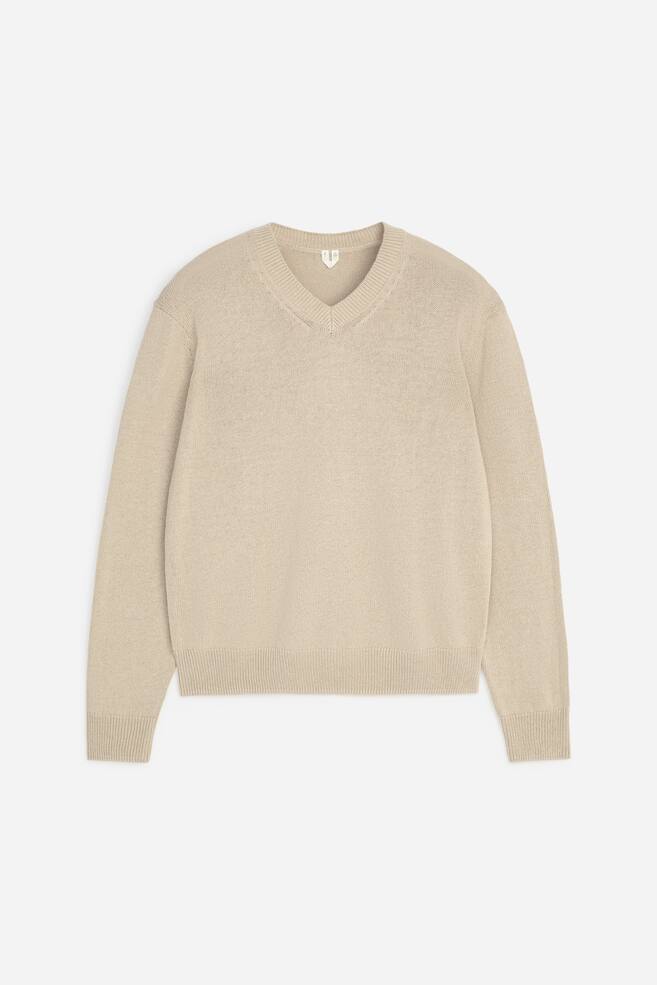 Linen Cotton V-Neck Jumper - Beige/Dark Blue - 1