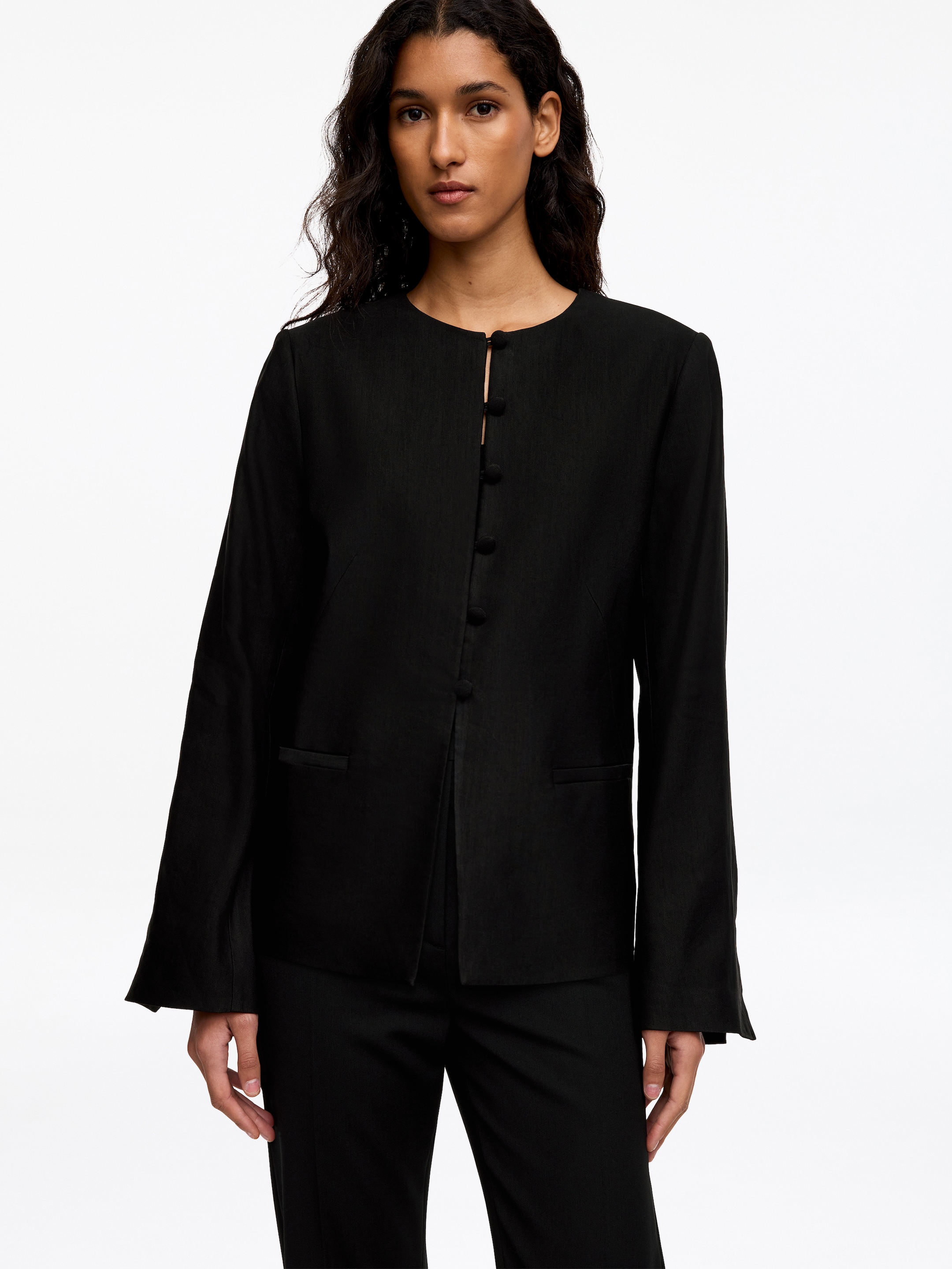 Linen-Blend Collarless Blazer - Black - Regular fit - Women - StillMedia/Lookbook - 5