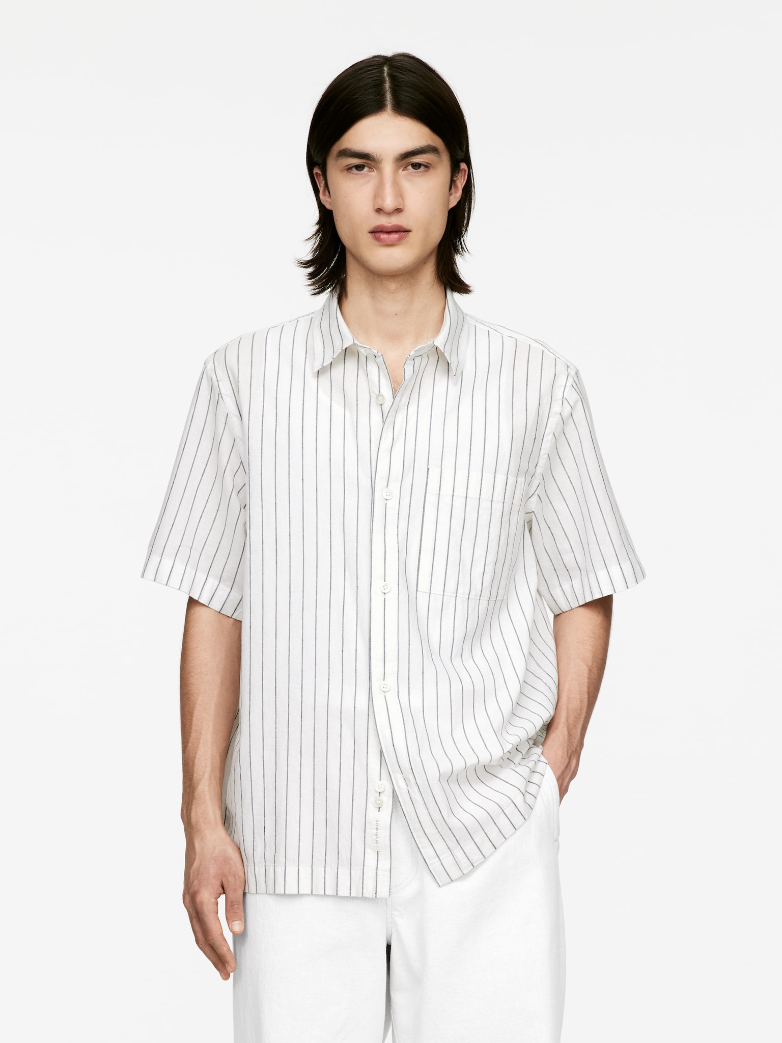 Chemise décontractée en coton et lin - Blanc/Noir