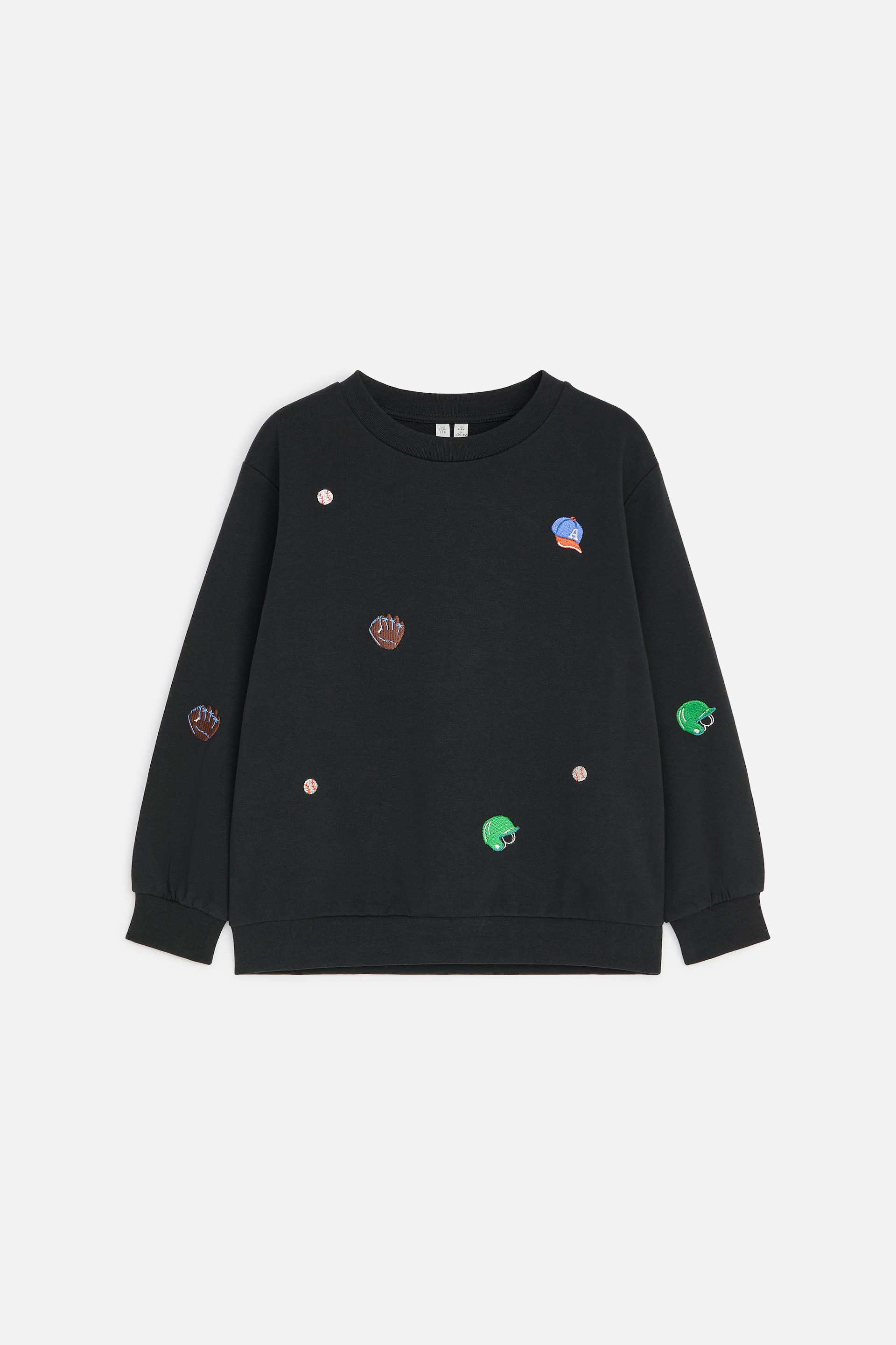 View larger image: A black sweatshirt is showcased from the front, offering a relaxed fit with dropped shoulders and ribbed trims at the crew neck, cuffs, and hem. It is embellished with scattered embroidered motifs, including baseballs, baseball gloves, baseball caps, and baseball helmets.