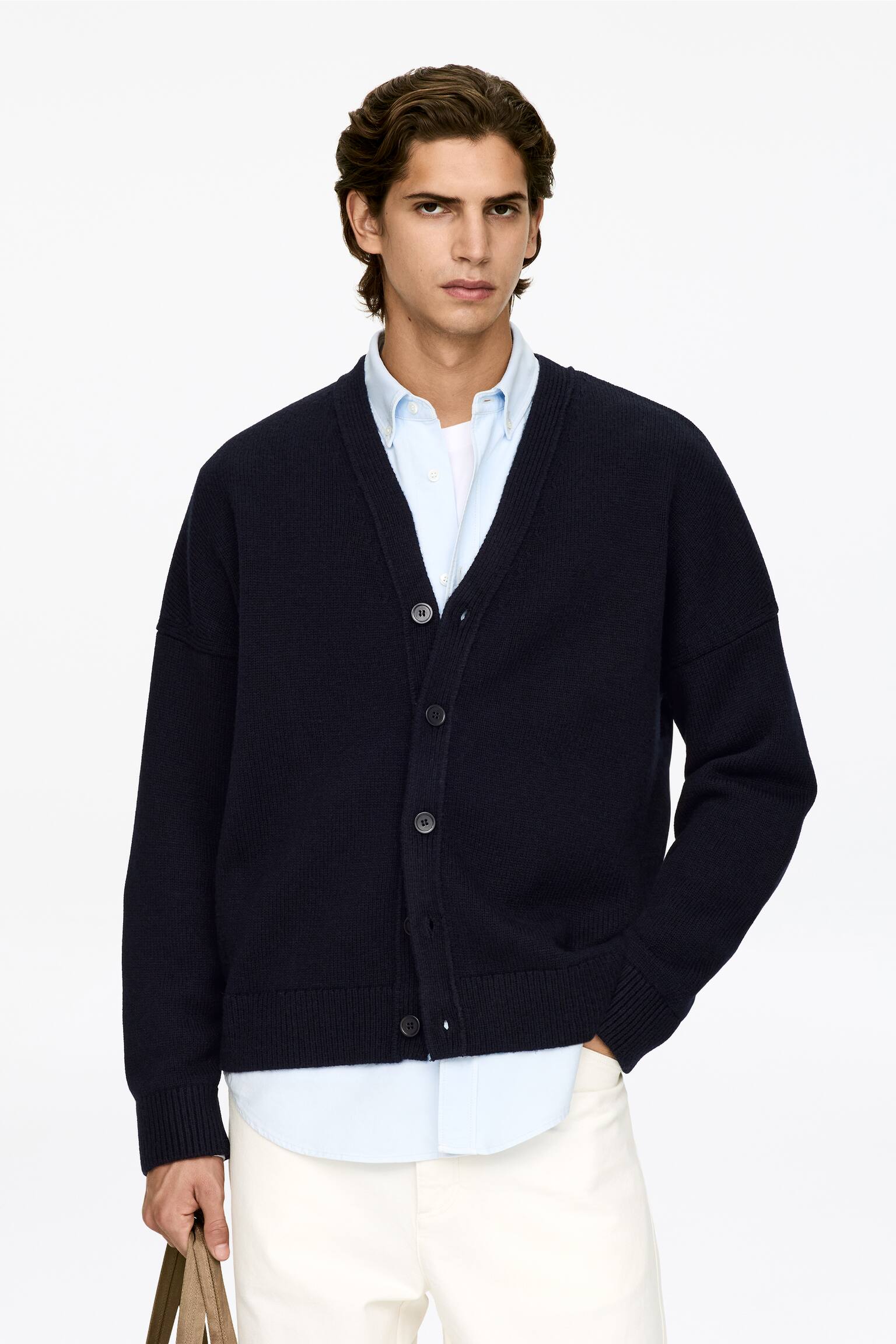 Ullcardigan med v-hals - Mørkeblå - 1