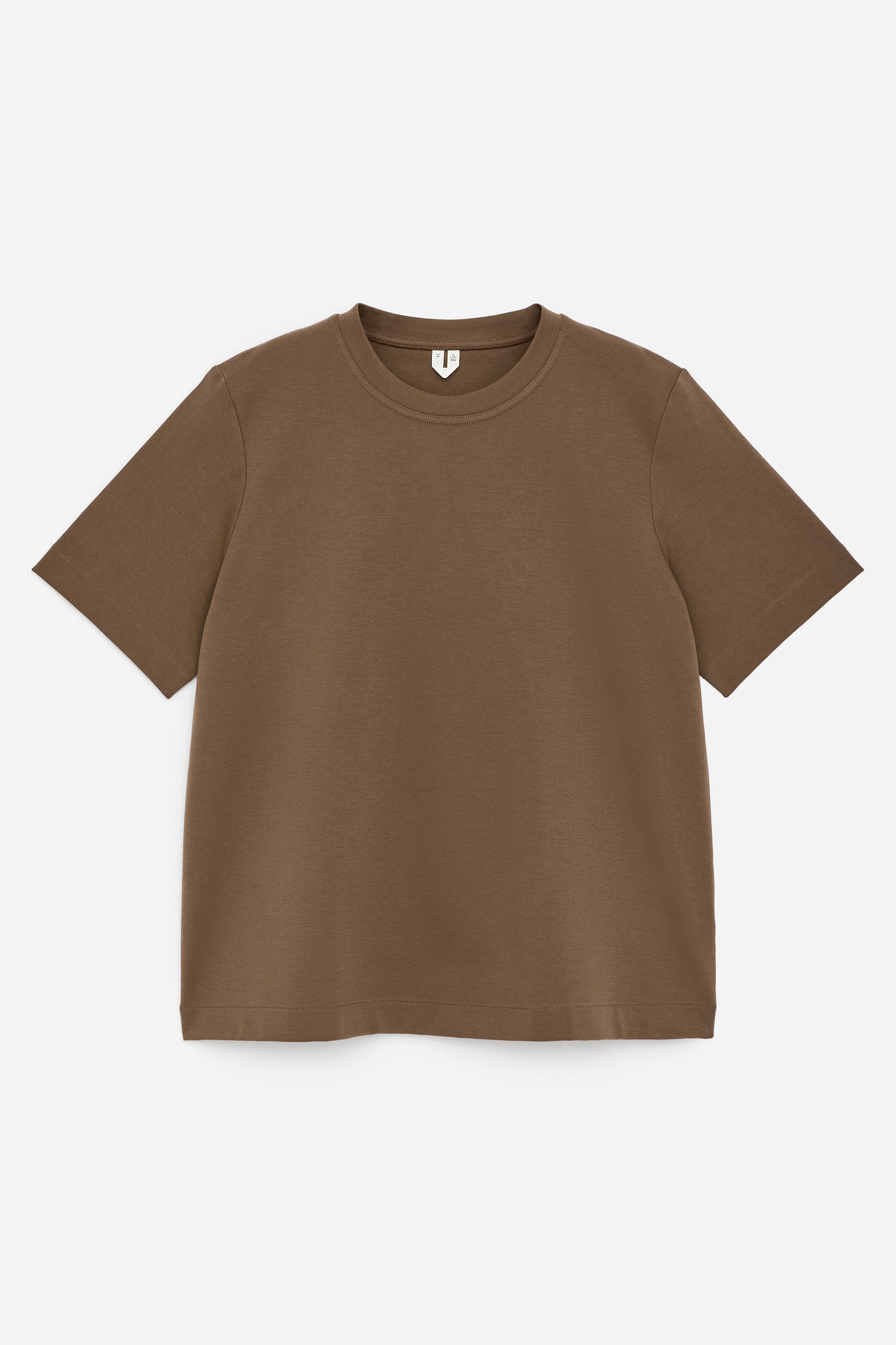 Grotere afbeelding bekijken: Een bruin t-shirt toont de voorkant. Het heeft een klassieke crew neck en korte mouwen, een regular fit en een gladde stofstructuur.